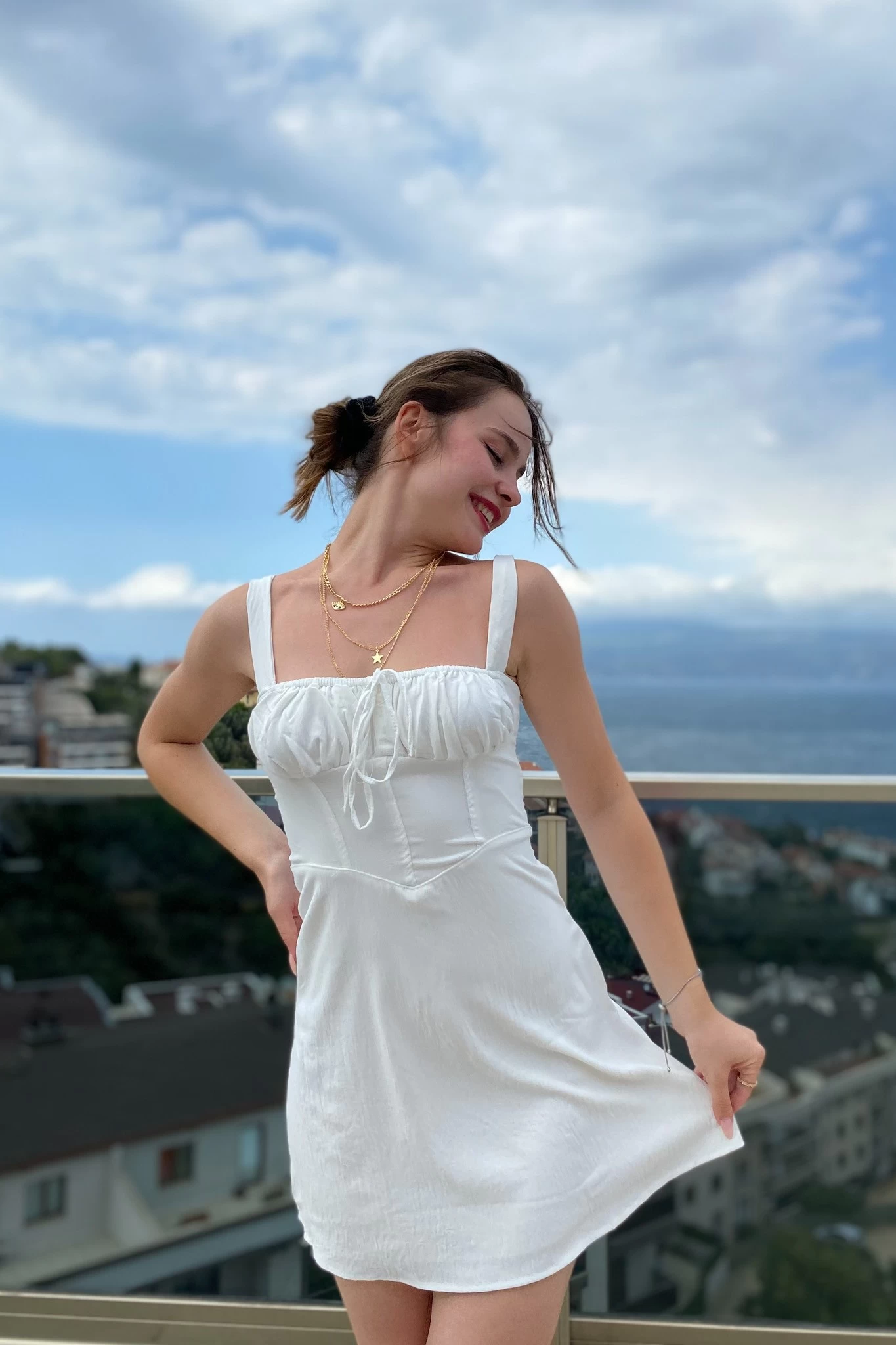 Drapeli Mini Elbise Beyaz