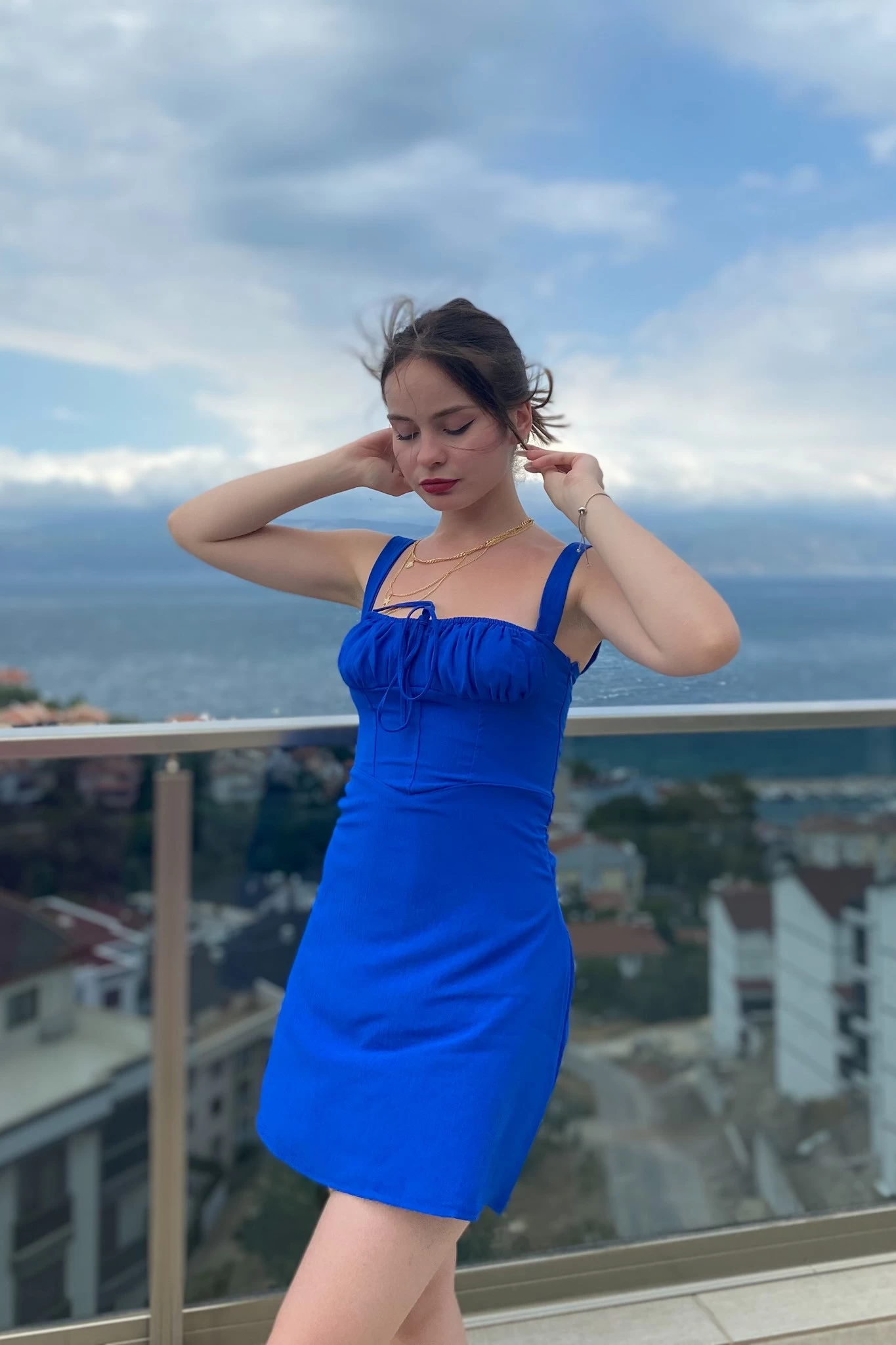 Drapeli Mini Elbise Mavi