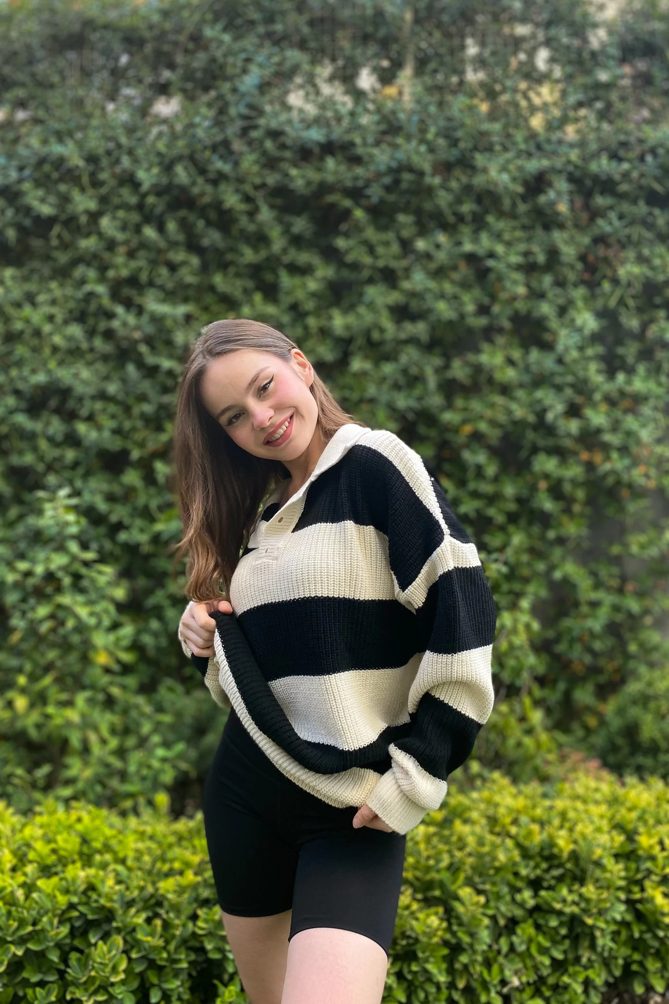 Düğmeli Polo Yaka Oversize Kazak Siyah