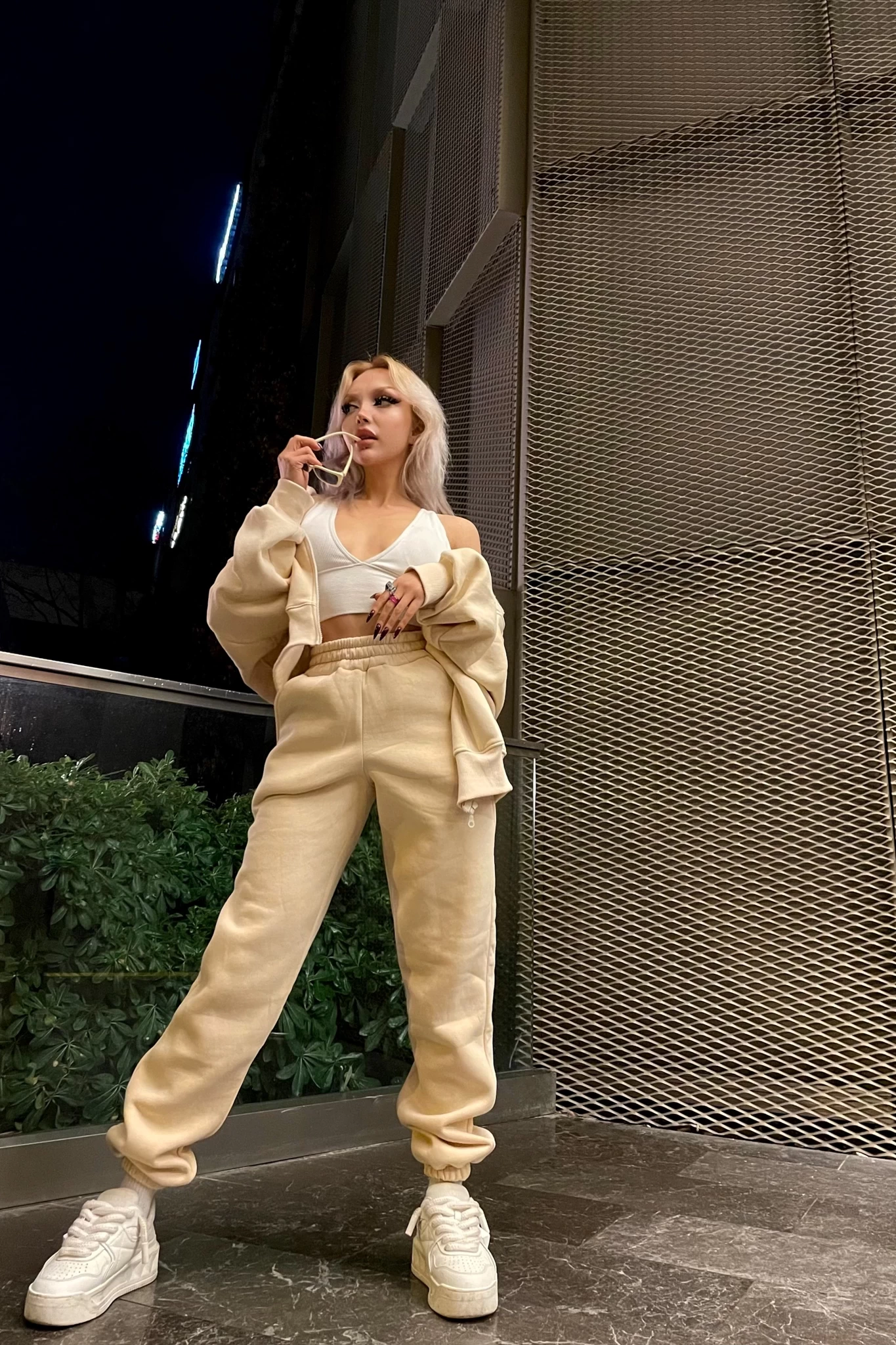 Fermuarlı Basic Unisex Eşofman Takımı Krem