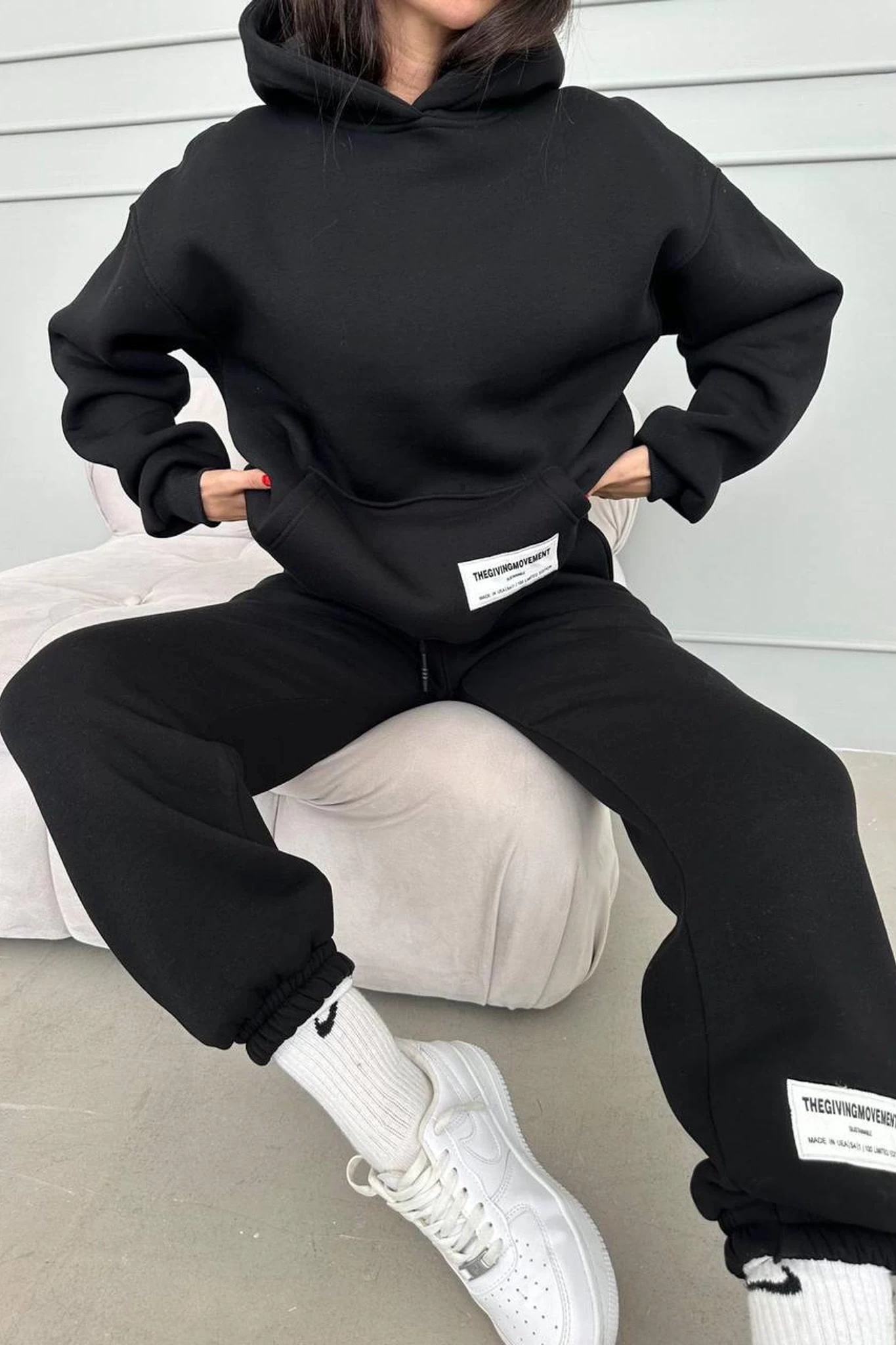 Giving Movement Armalı Üç İplik Unisex Eşofman Takımı Siyah