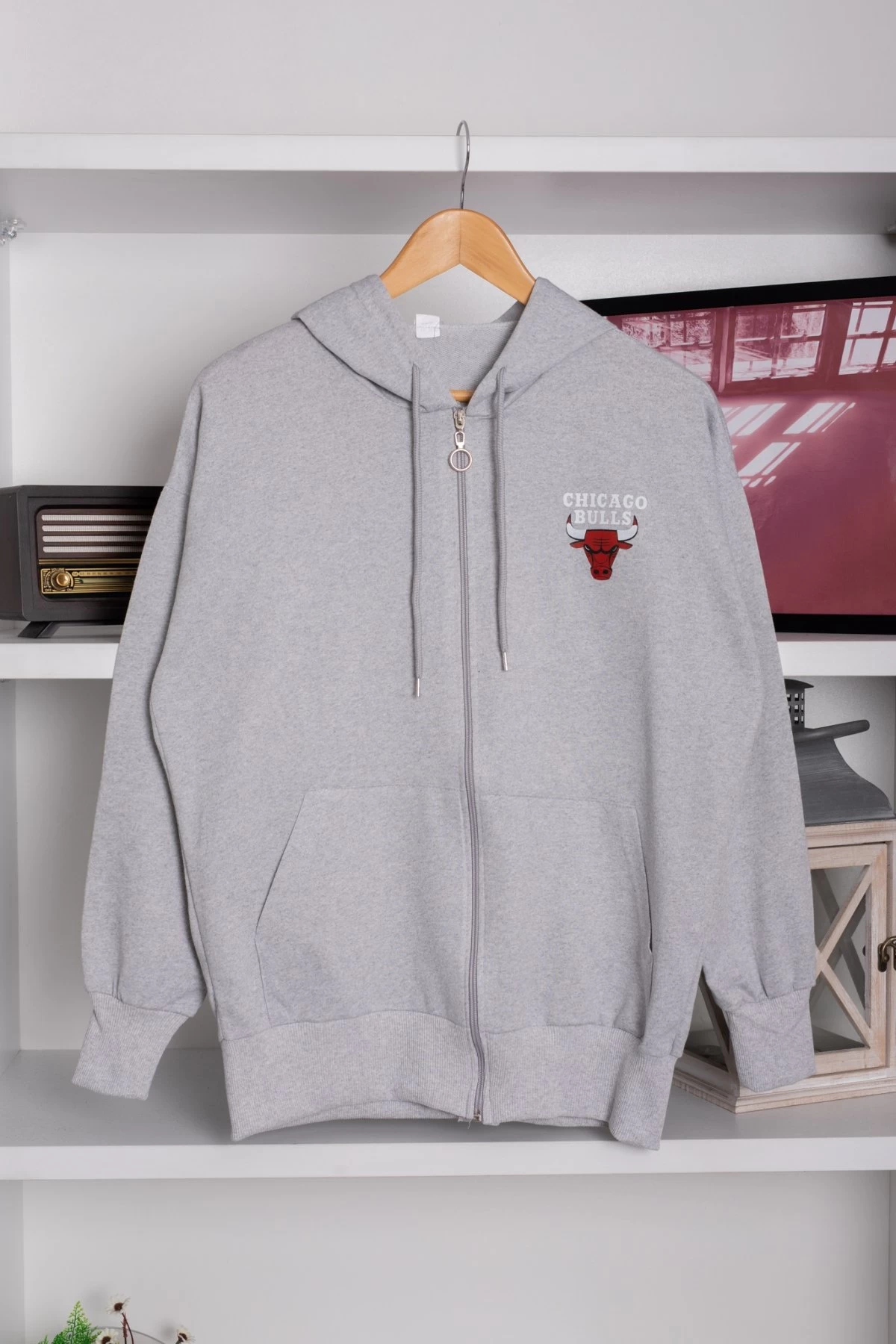 Gri Bulls Baskılı Fermuarlı Unisex Sweatshirt