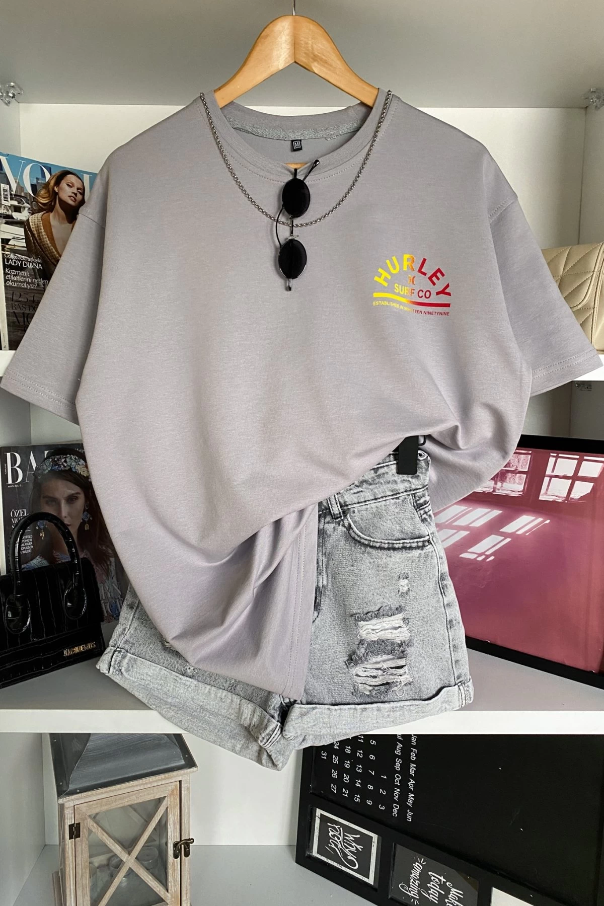 Gri Hurley Baskılı Unisex Tshirt
