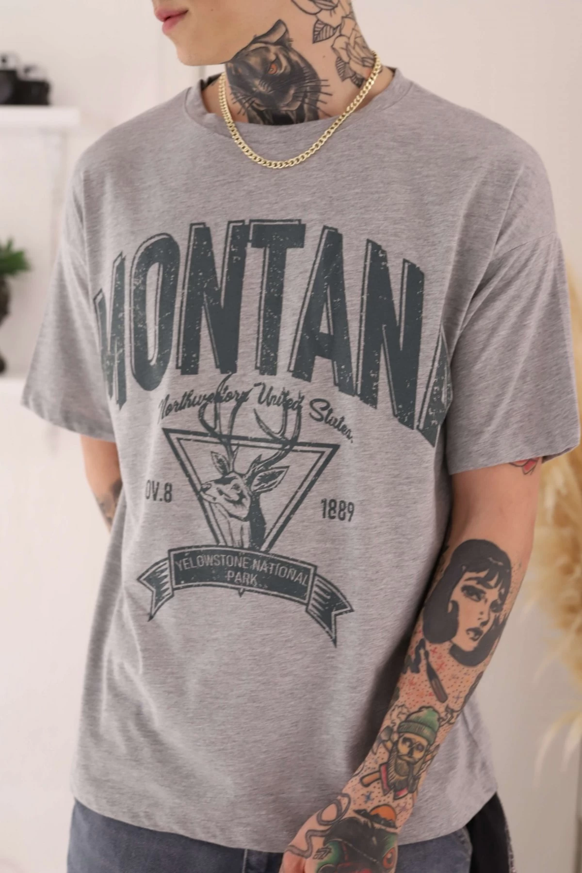 Gri Montana Baskılı Unisex Tshirt