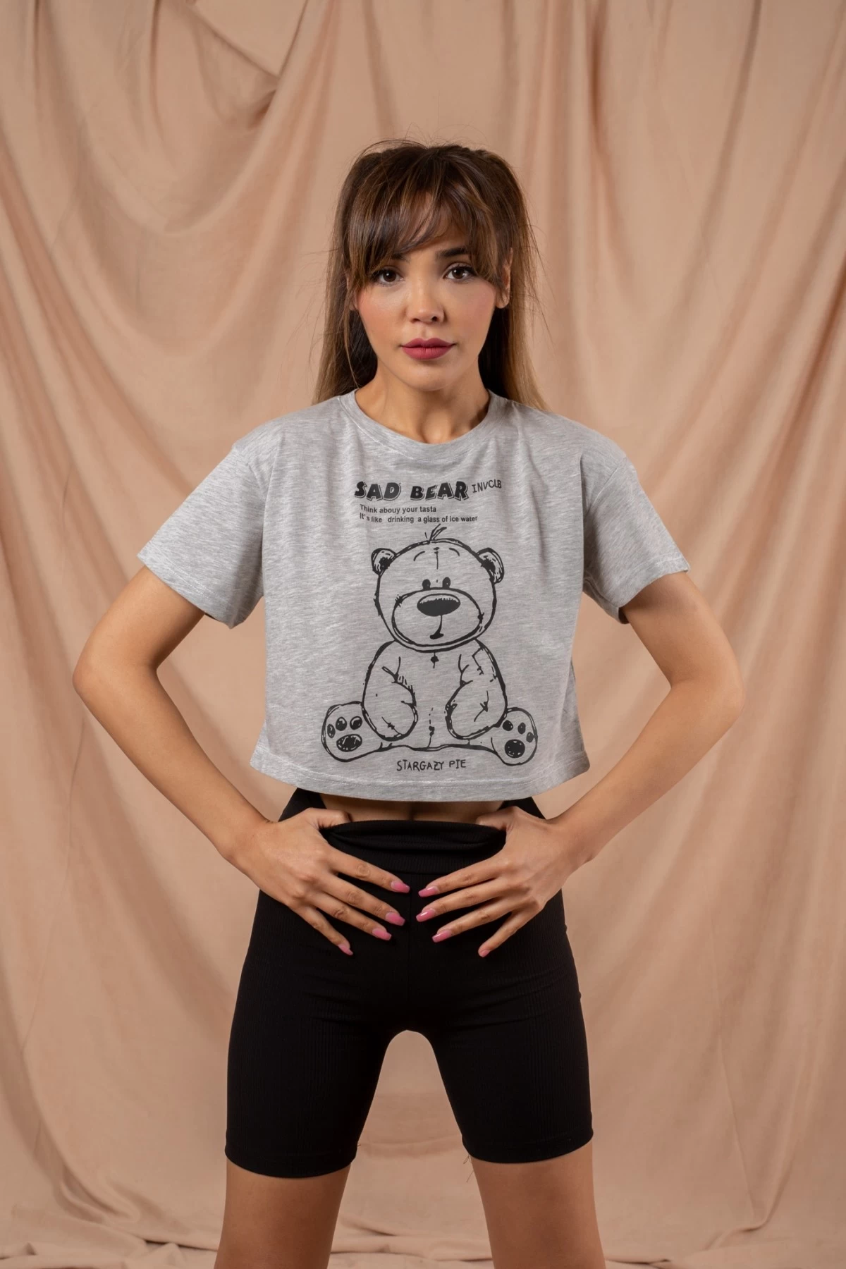 Gri Sad Bear Crop Tshirt