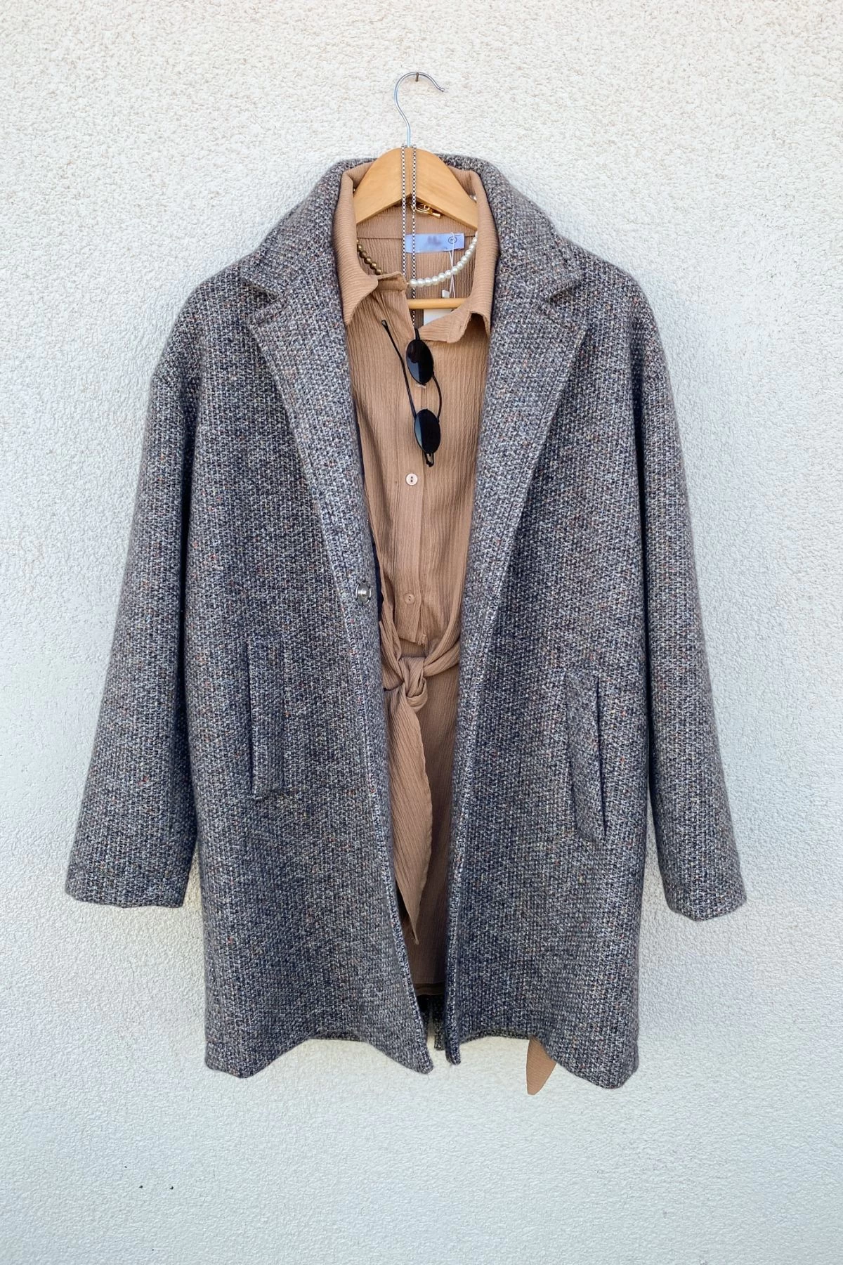 Gri Tek Düğme Oversize Kaşe Kaban