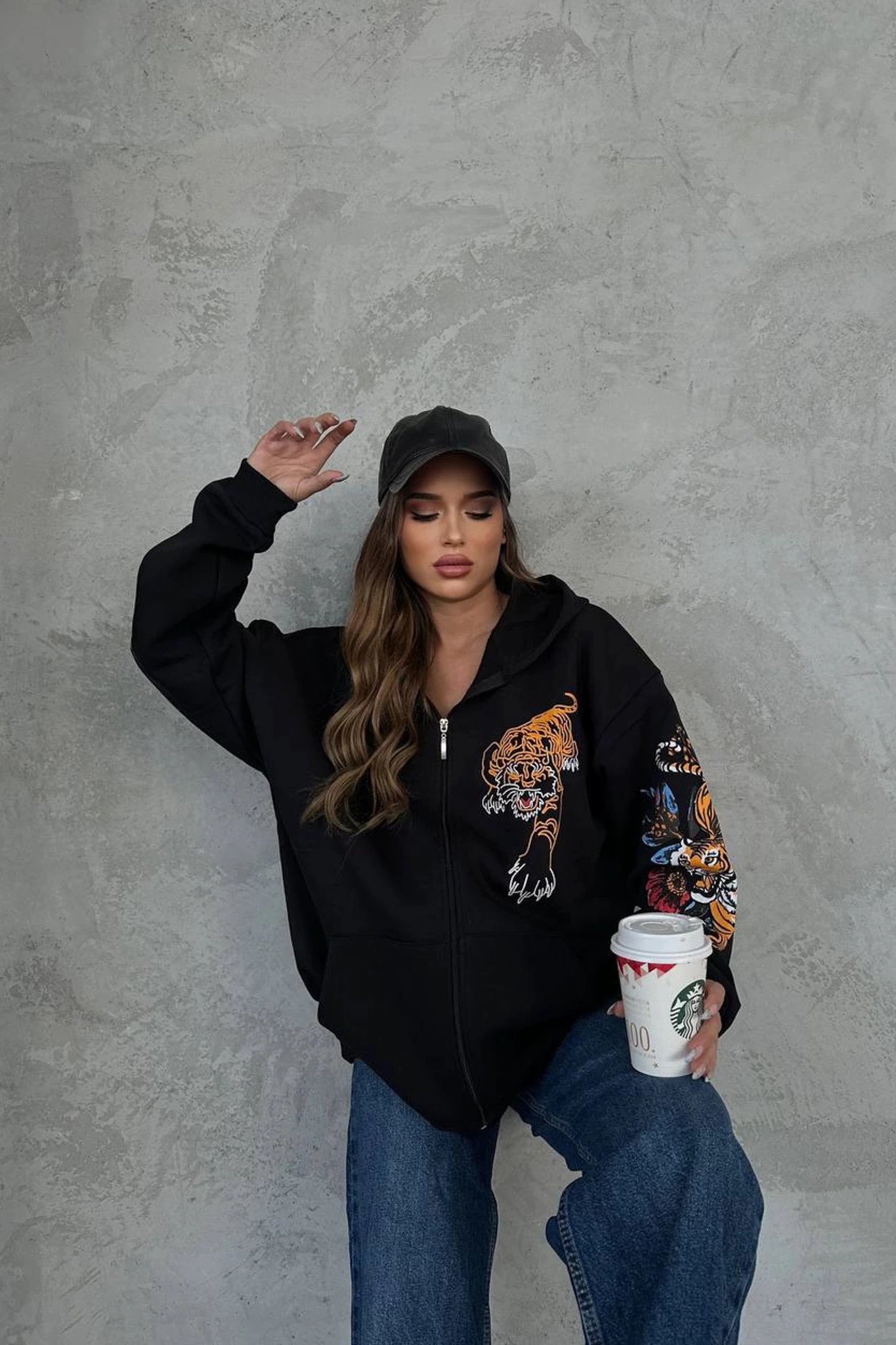 Kaplan Baskı Oversize Unisex Hırka Siyah