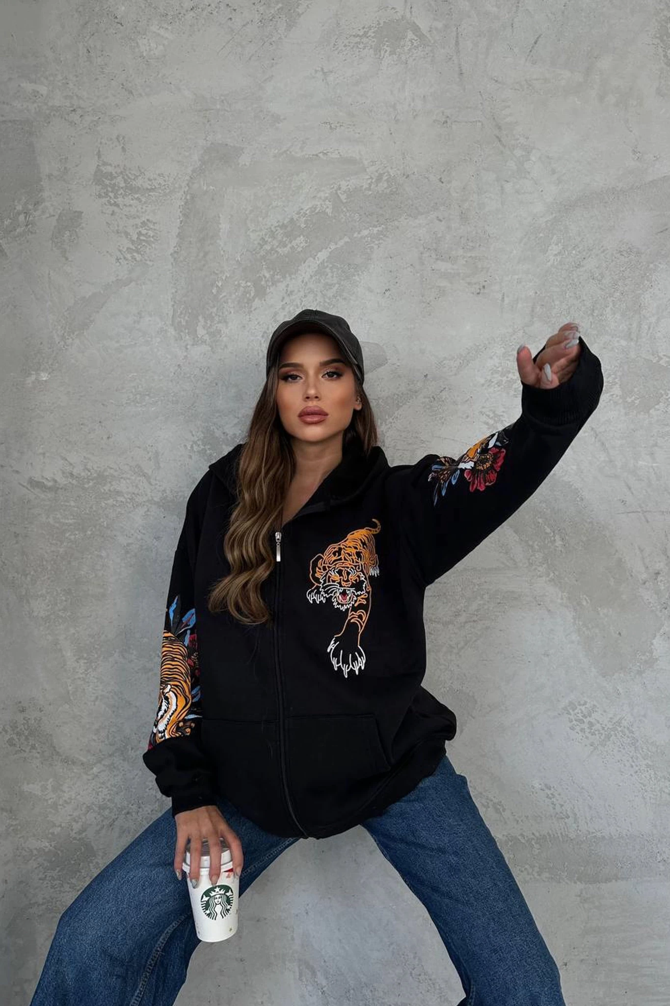Kaplan Baskı Oversize Unisex Hırka Siyah