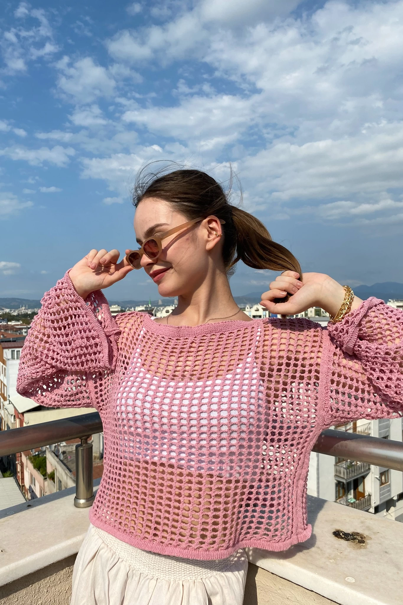 Kare Delikli Triko Pembe