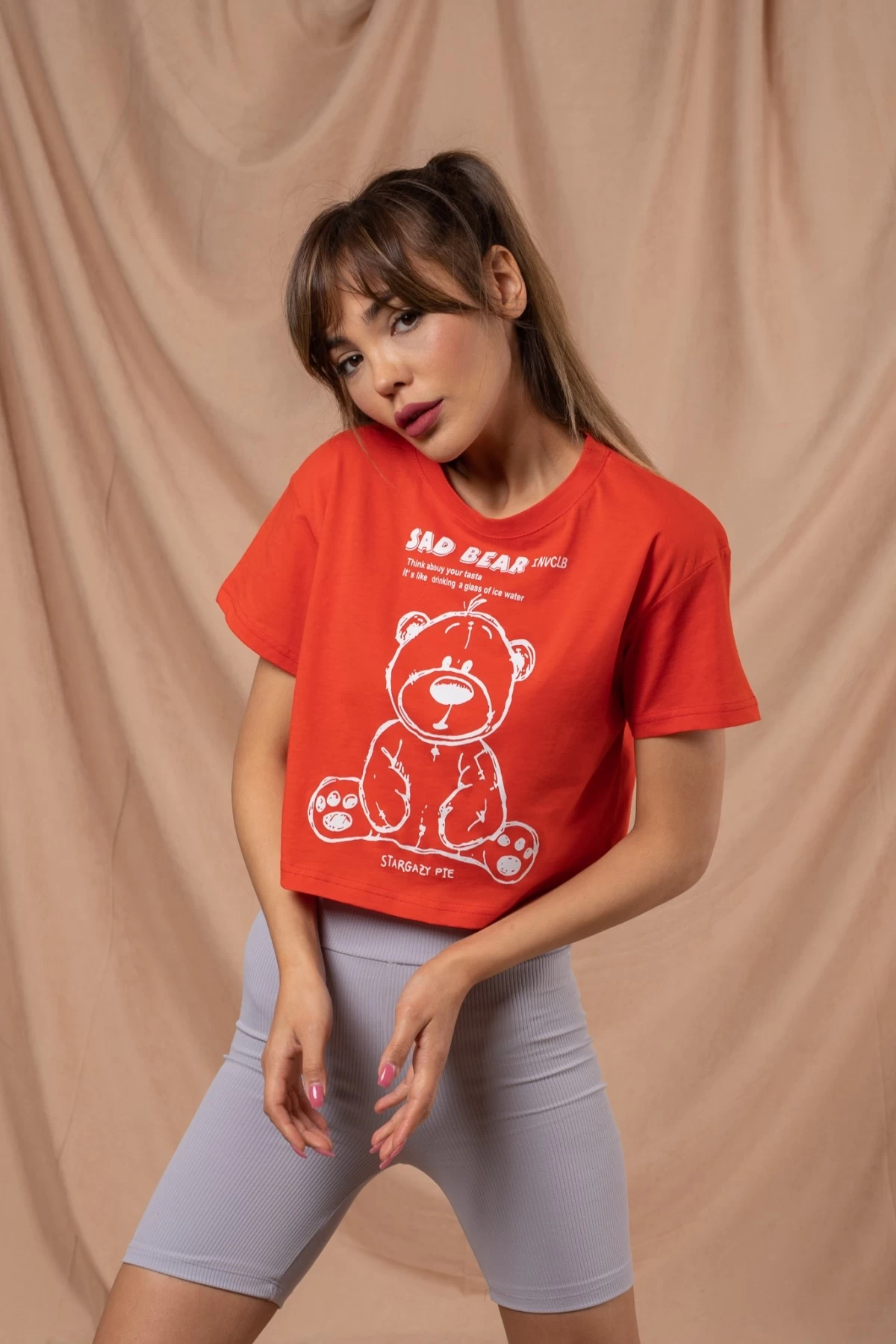 Kırmızı Sad Bear Crop Tshirt