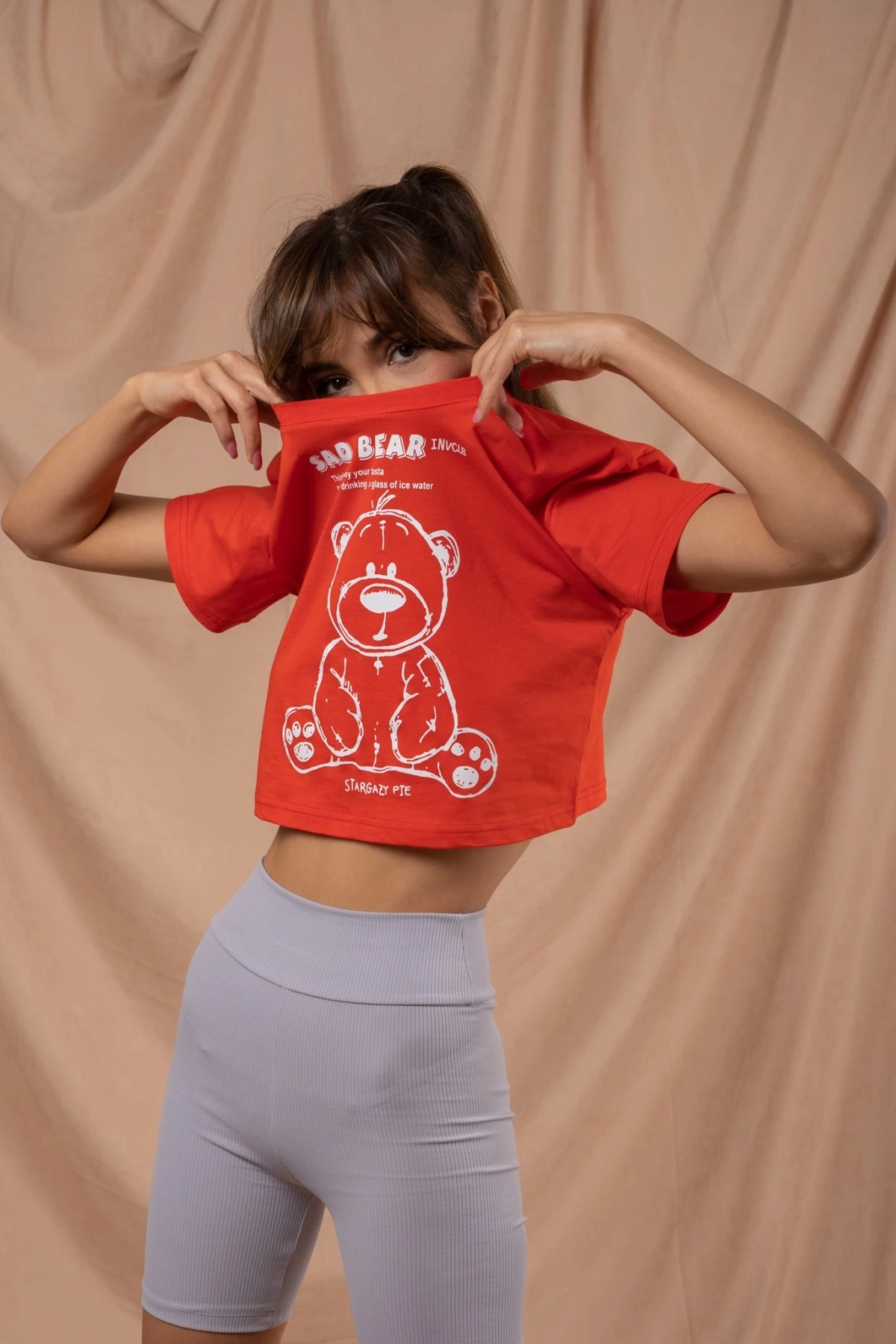 Kırmızı Sad Bear Crop Tshirt