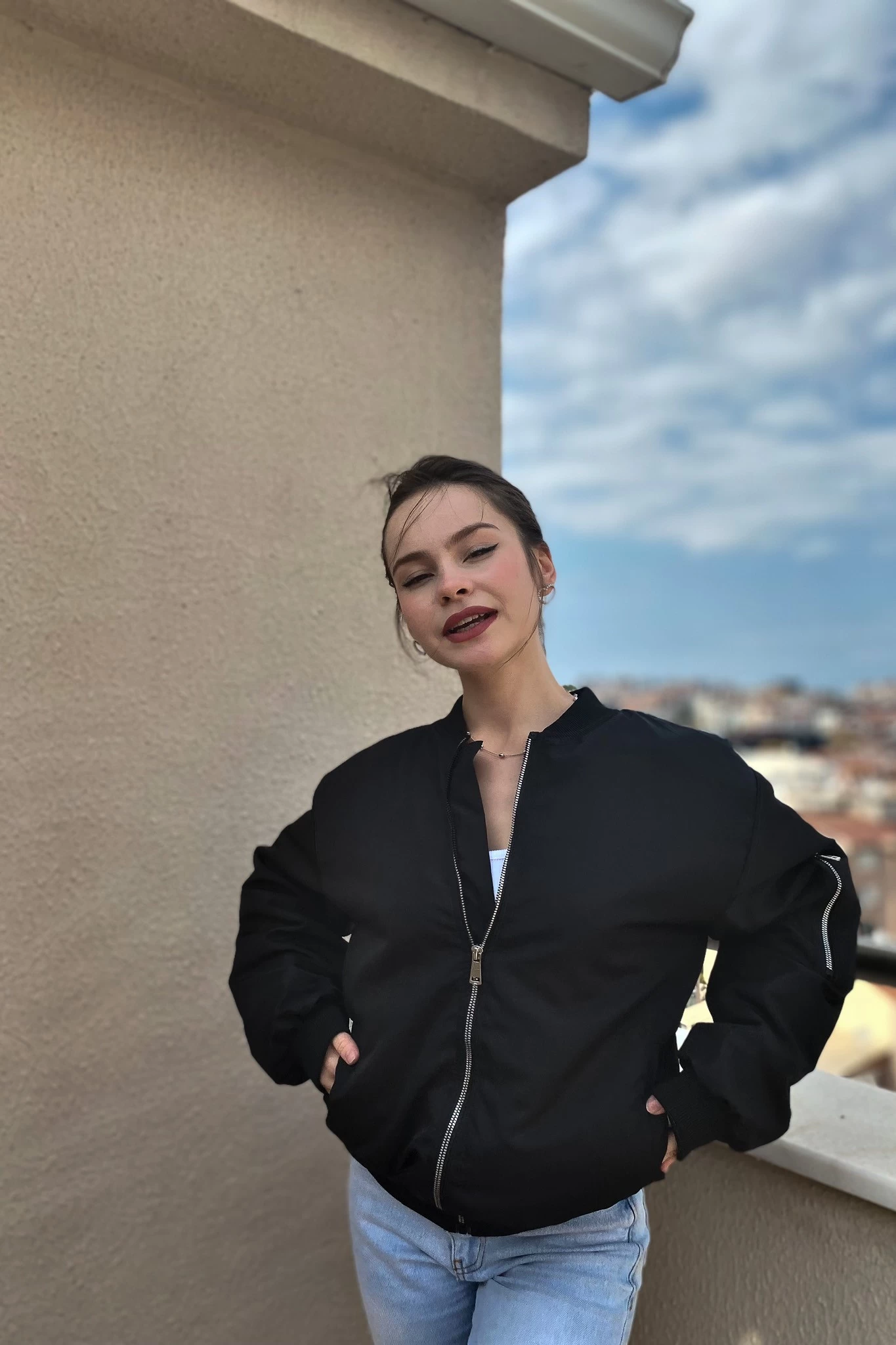 Kol Fermuar Astarlı Bomber Unisex Mont Siyah