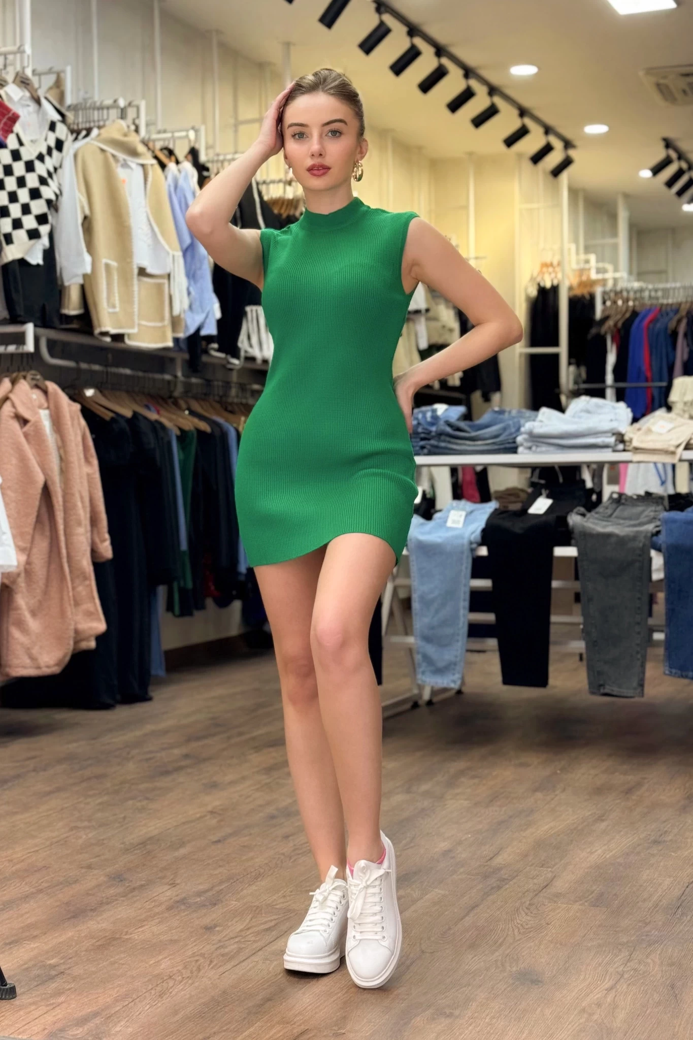 Kolsuz Triko Elbise - Yeşil