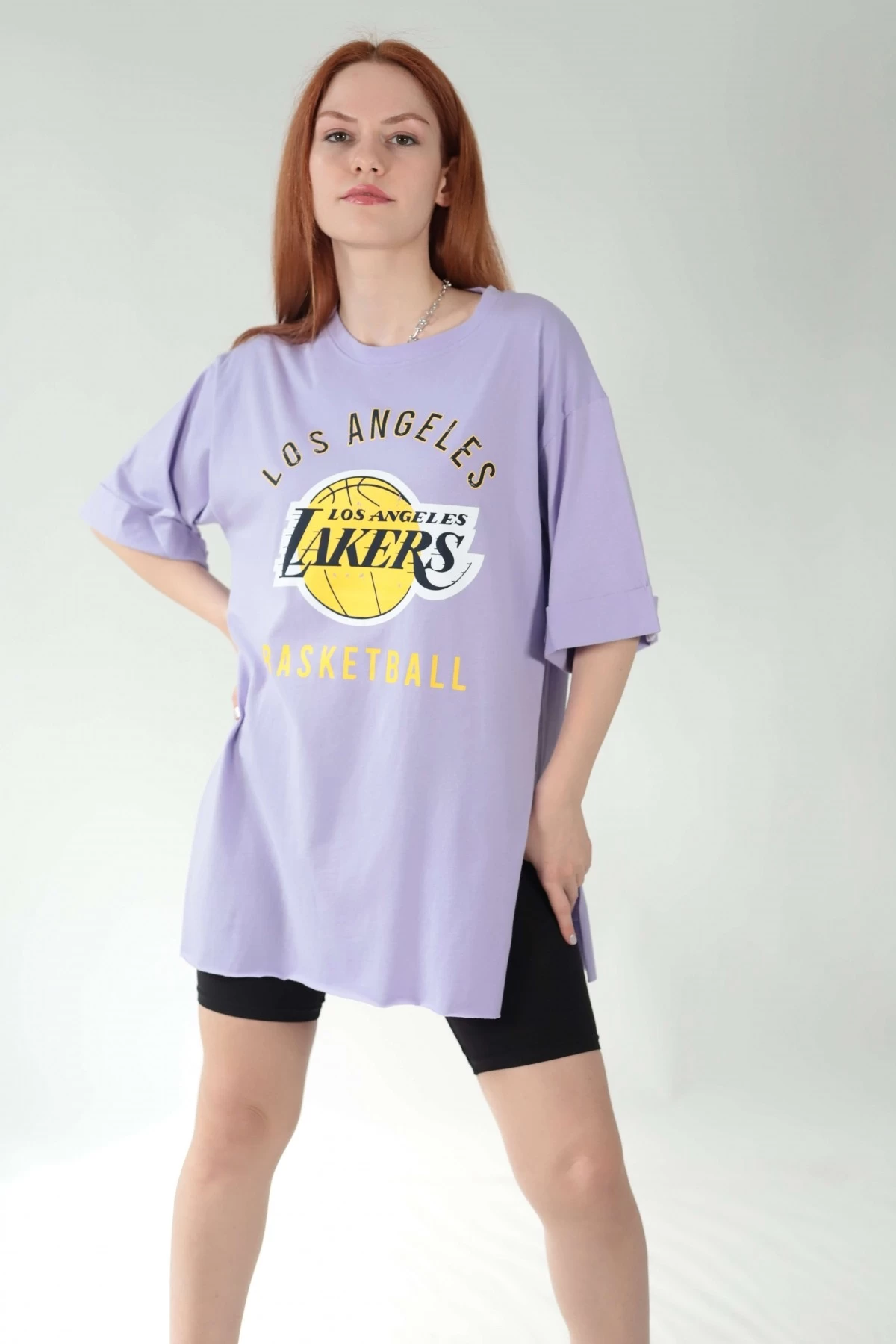 Lila Basketball Yırtmaçlı Oversize Tshirt