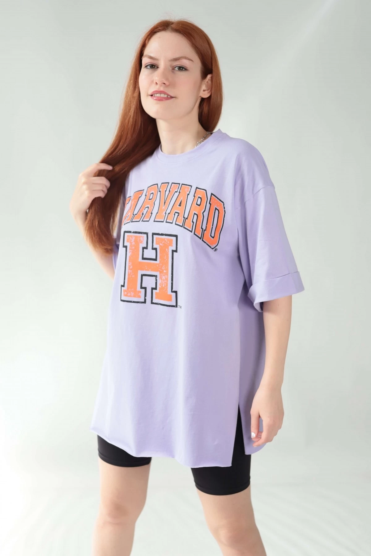 Lila Harvard Logo Yırtmaçlı Oversize Tshirt