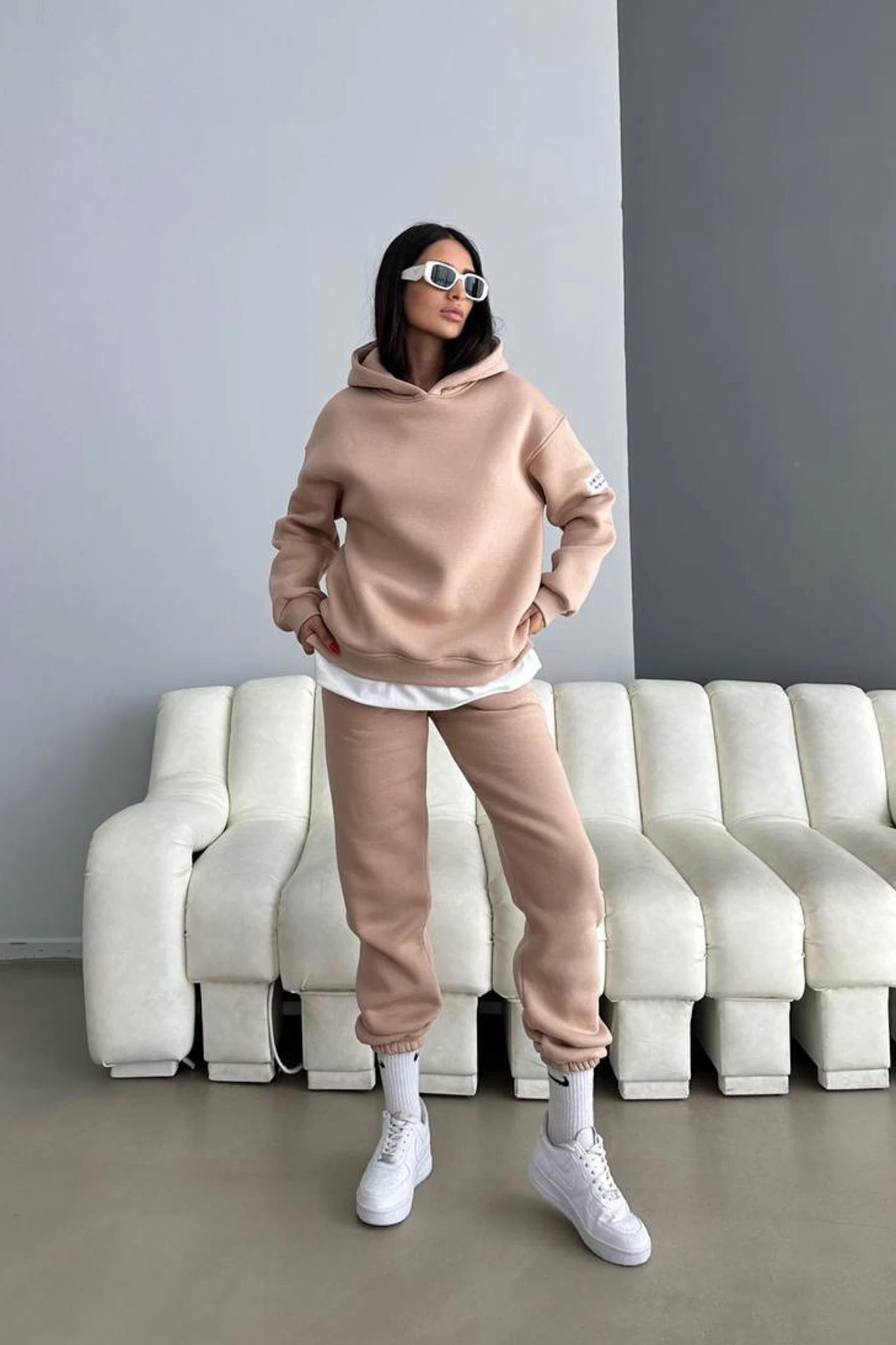 Limited Edition Armalı Üç İplik Unisex Eşofman Takımı Pudra