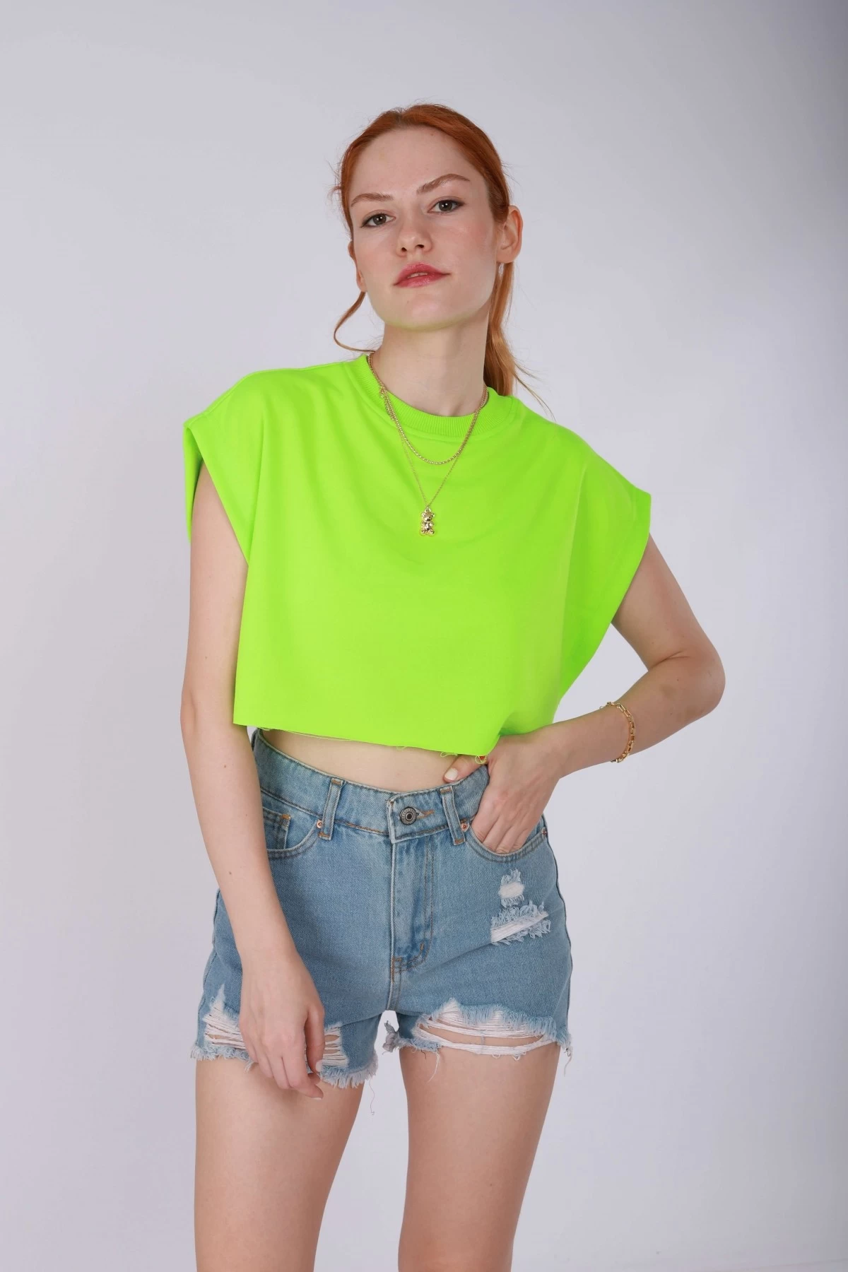 Neon Yeşil Kolsuz İki İplik Unisex Cropsweat