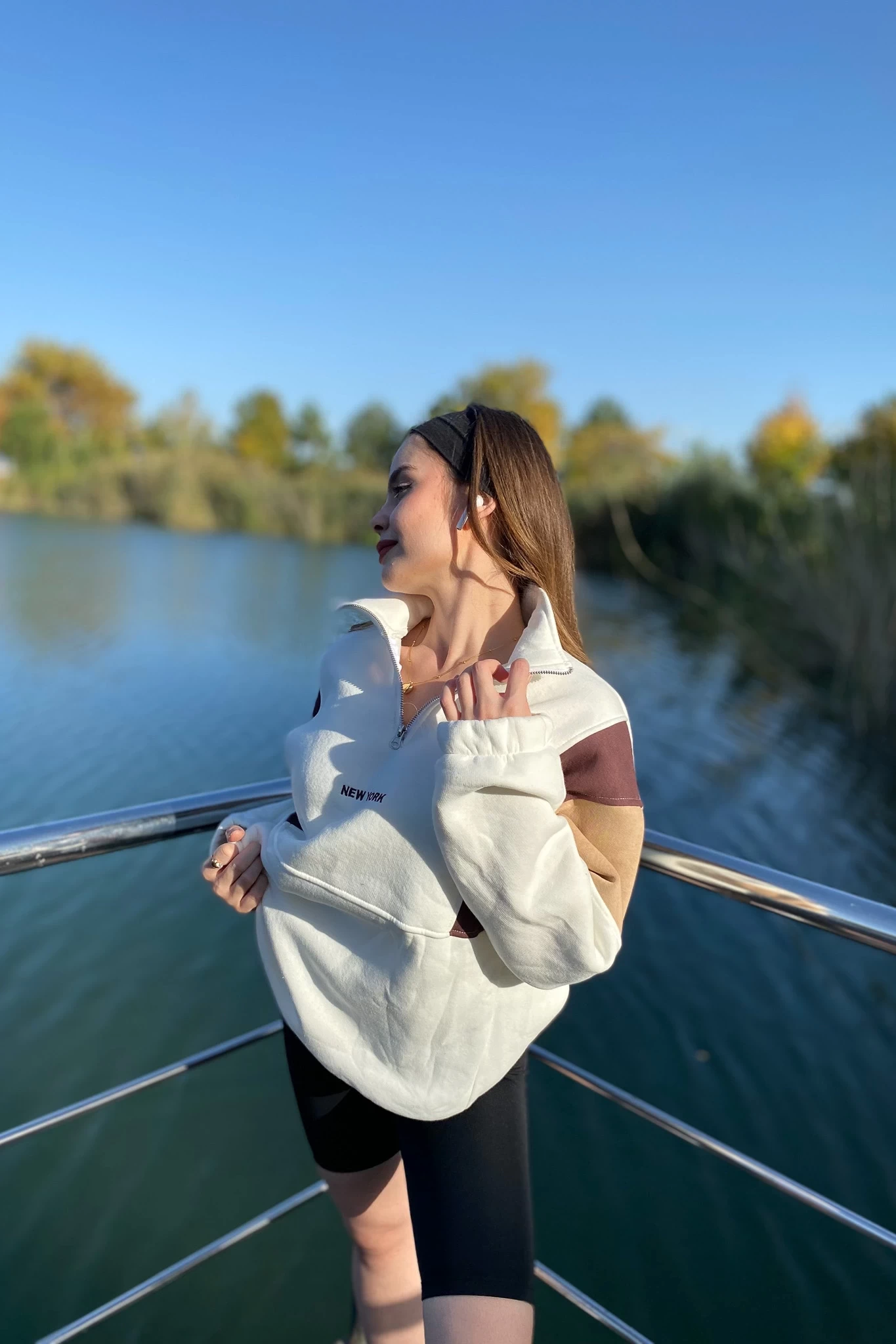 New York Nakışlı Parçalı Unisex Sweatshirt Beyaz