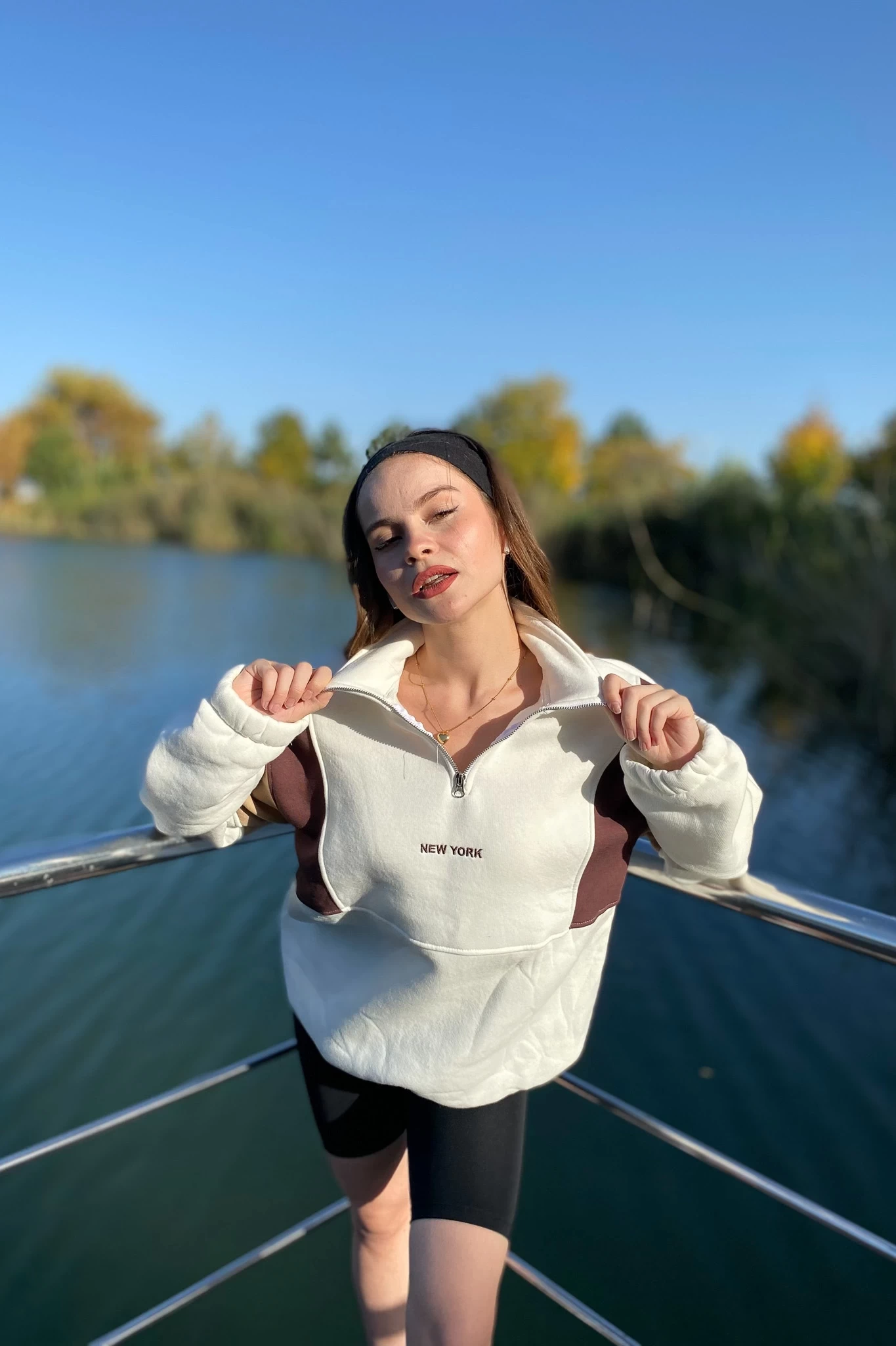 New York Nakışlı Parçalı Unisex Sweatshirt Beyaz
