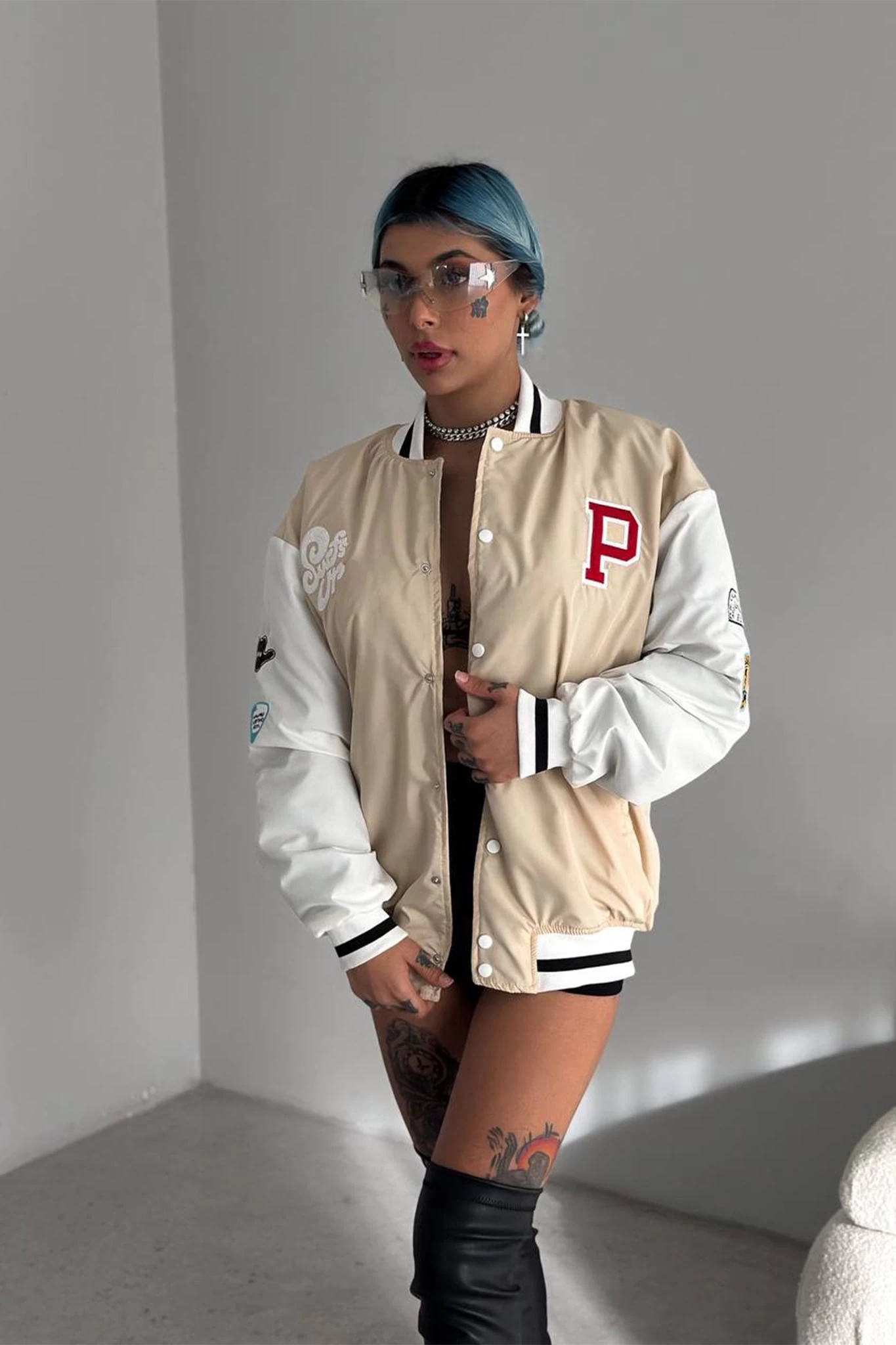 P Nakış Astarlı Bomber Unisex Ceket Krem