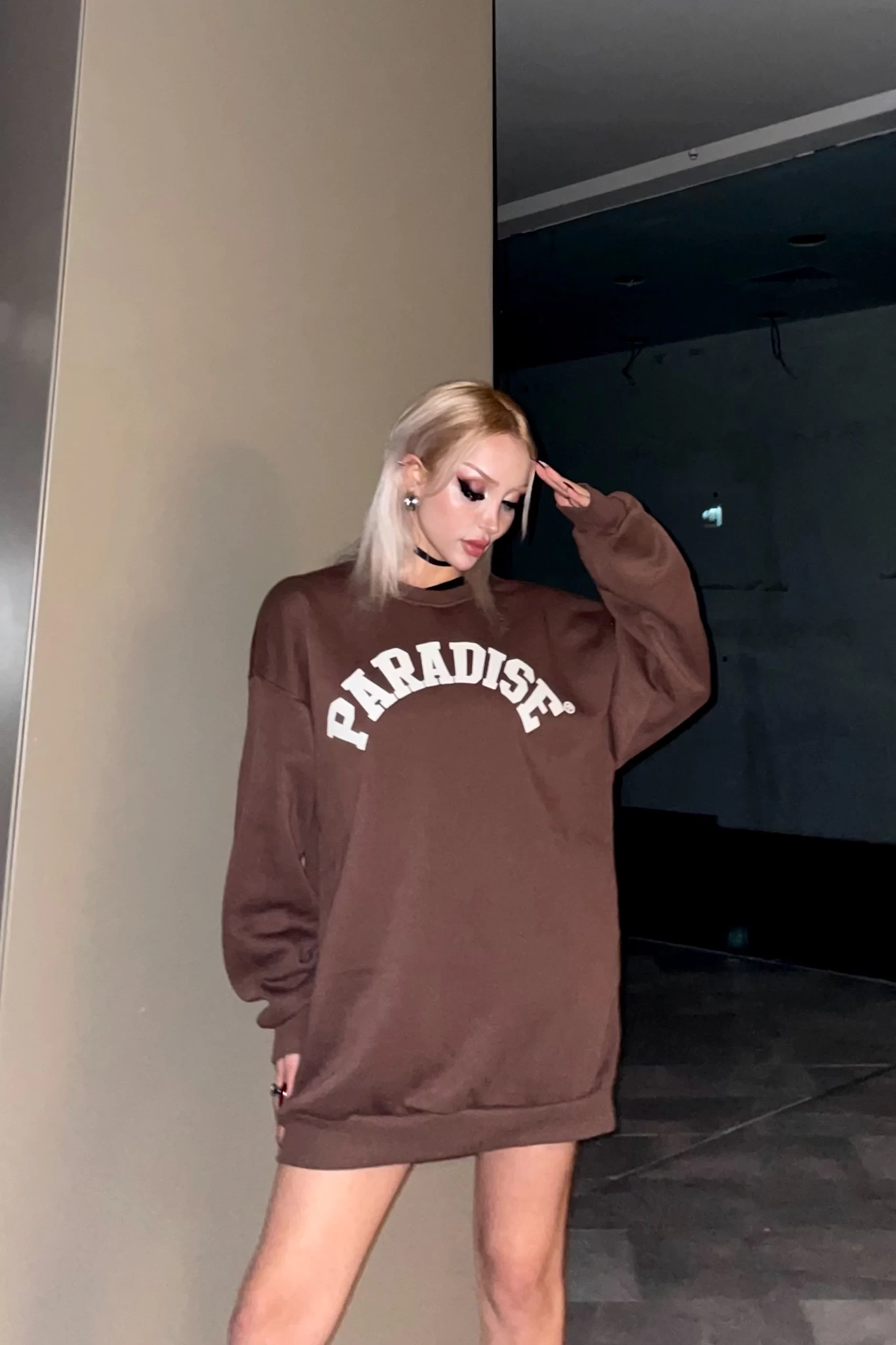 Paradise Baskı Üç İplik Unisex Oversize Sweatshirt Kahverengi