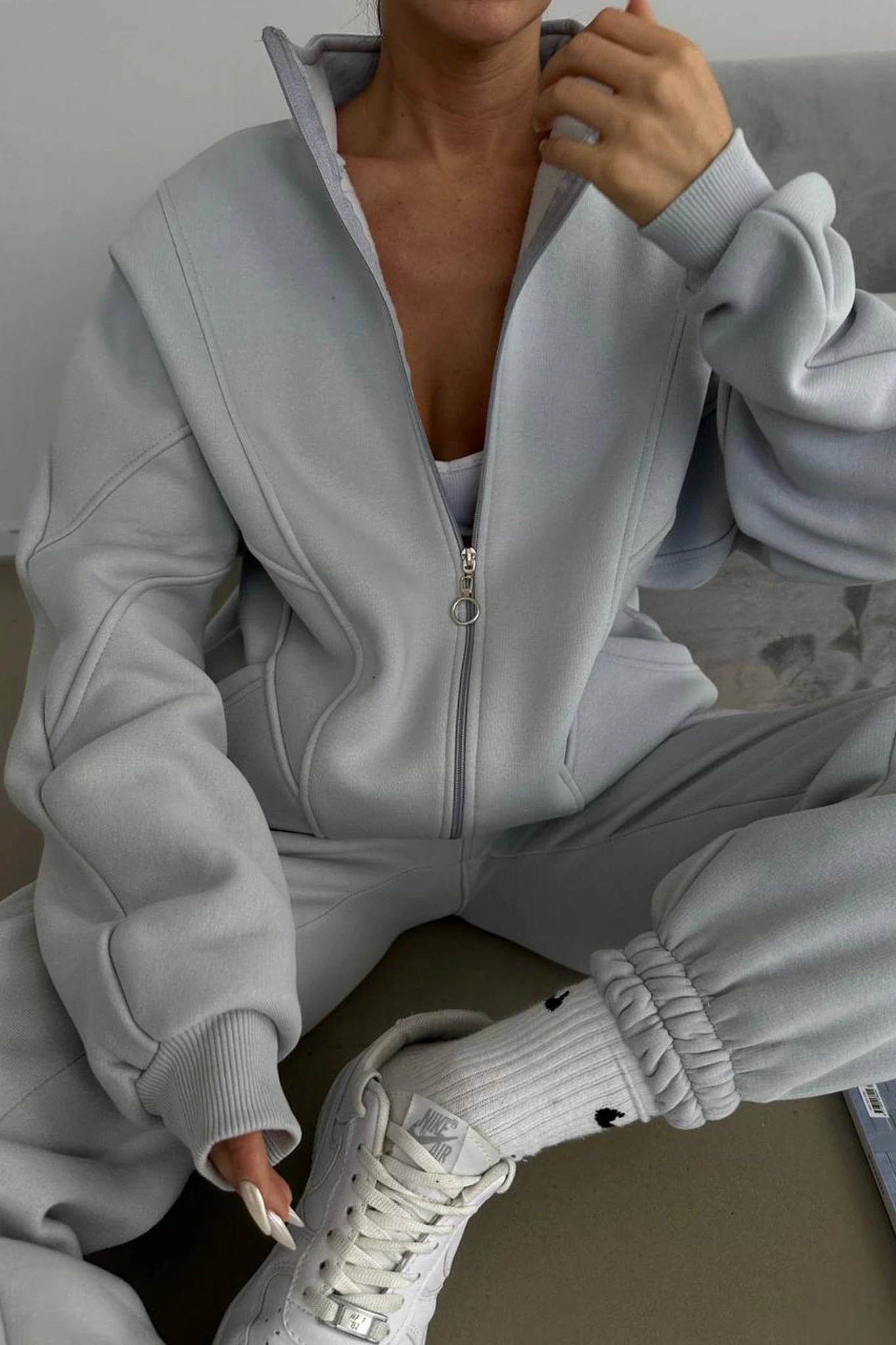 Parça Detay Basic Üç İplik Unisex Eşofman Takımı Gri