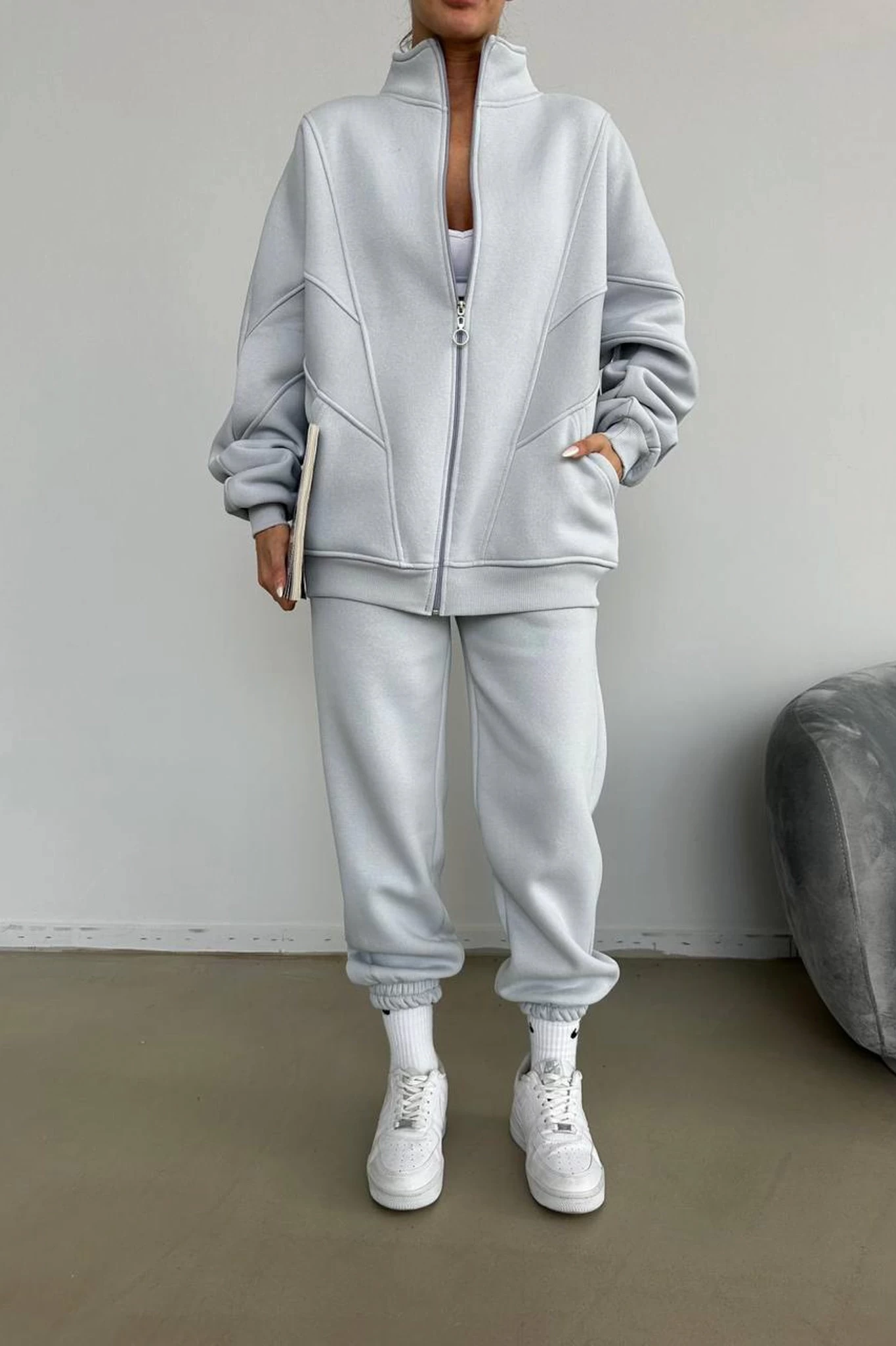 Parça Detay Basic Üç İplik Unisex Eşofman Takımı Gri