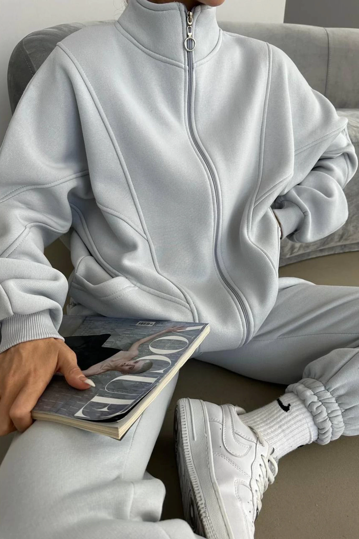 Parça Detay Basic Üç İplik Unisex Eşofman Takımı Gri