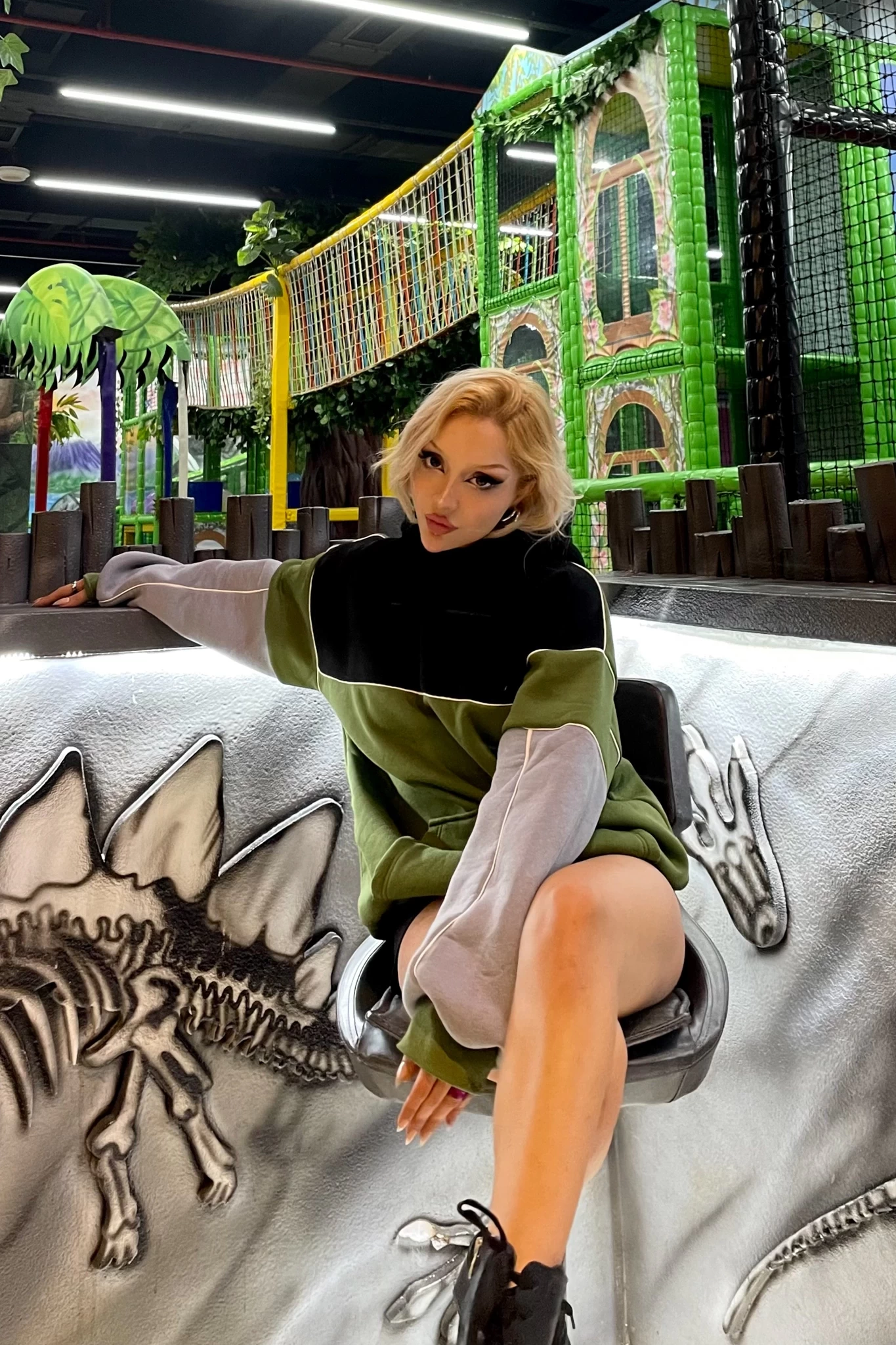 Parçalı Kapşonlu Unisex Sweatshirt Yeşil