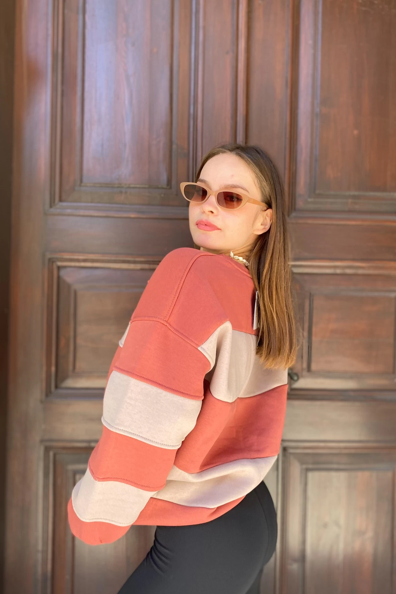 Parçalı Unisex Oversize Sweatshirt Pembe