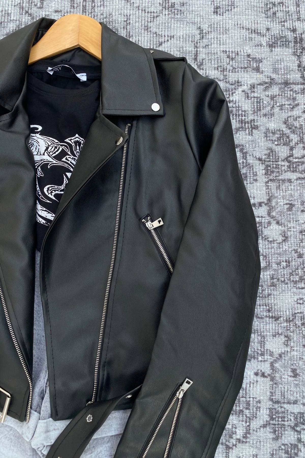 Siyah Üç Fermuar Deri Biker Unisex Ceket