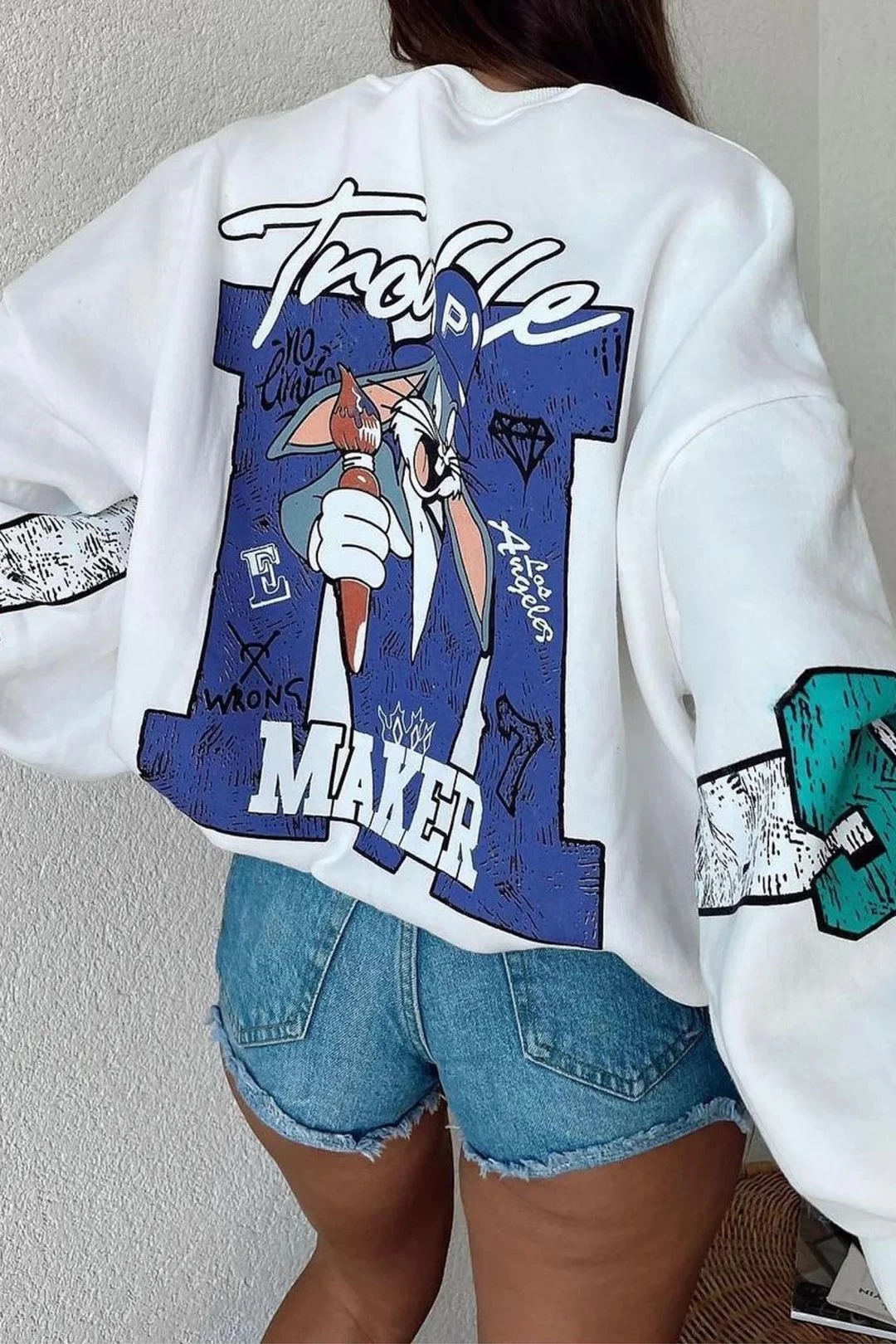 Trouble Maker Unisex Oversize Sweatshirt Beyaz