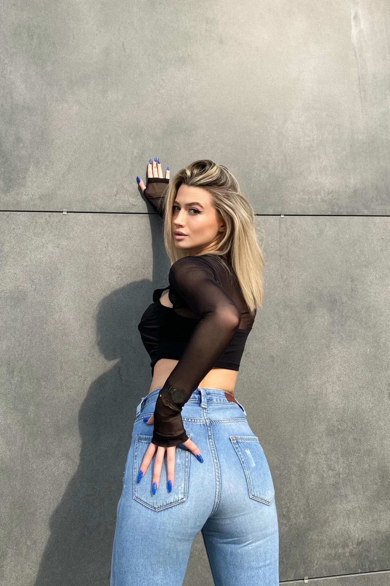 Tül Kol Üçgen Bluz Siyah