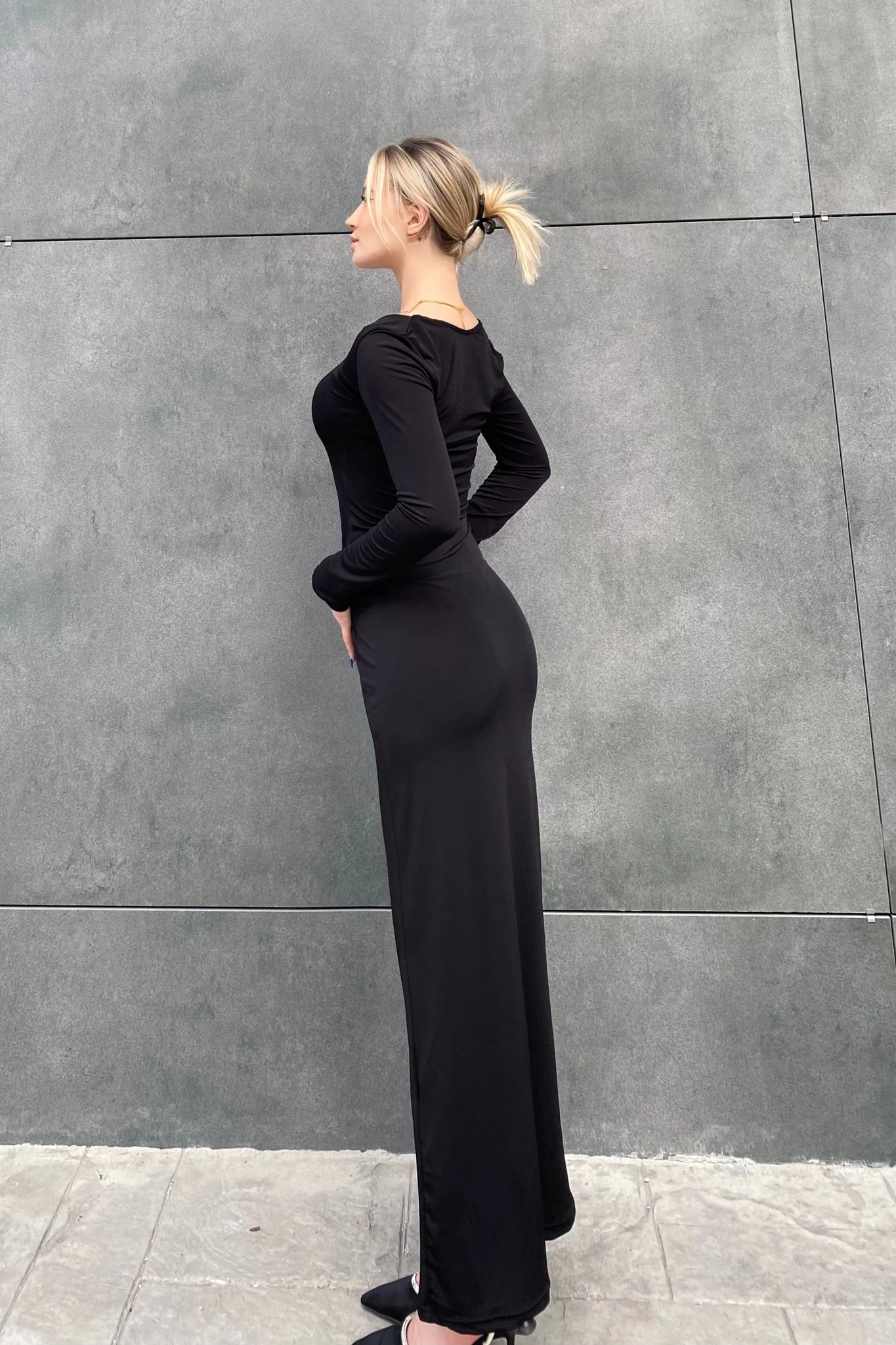 Uzun Kol Sandy Maxi Elbise Siyah