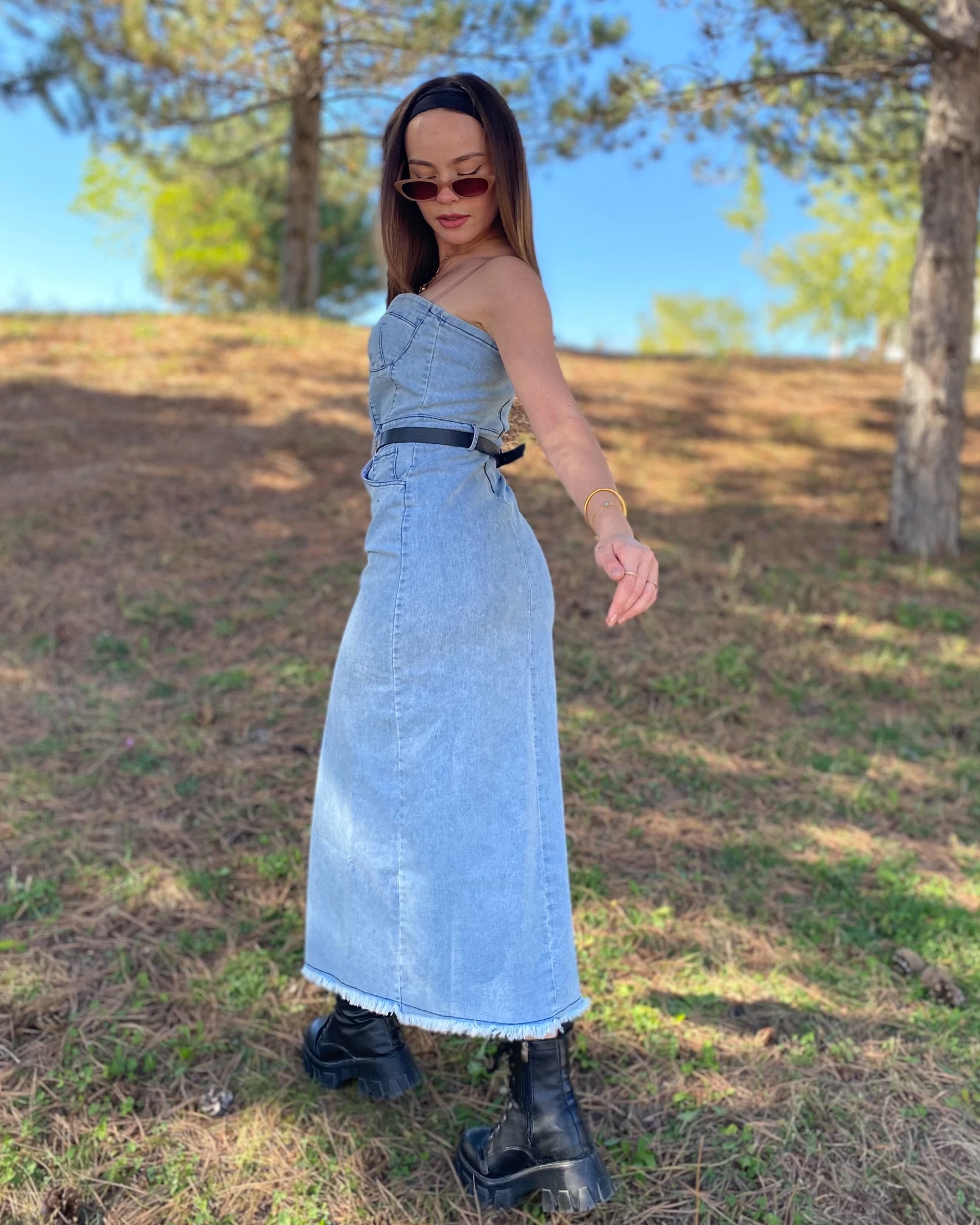 Uzun Straplez Denim Elbise Açık Mavi