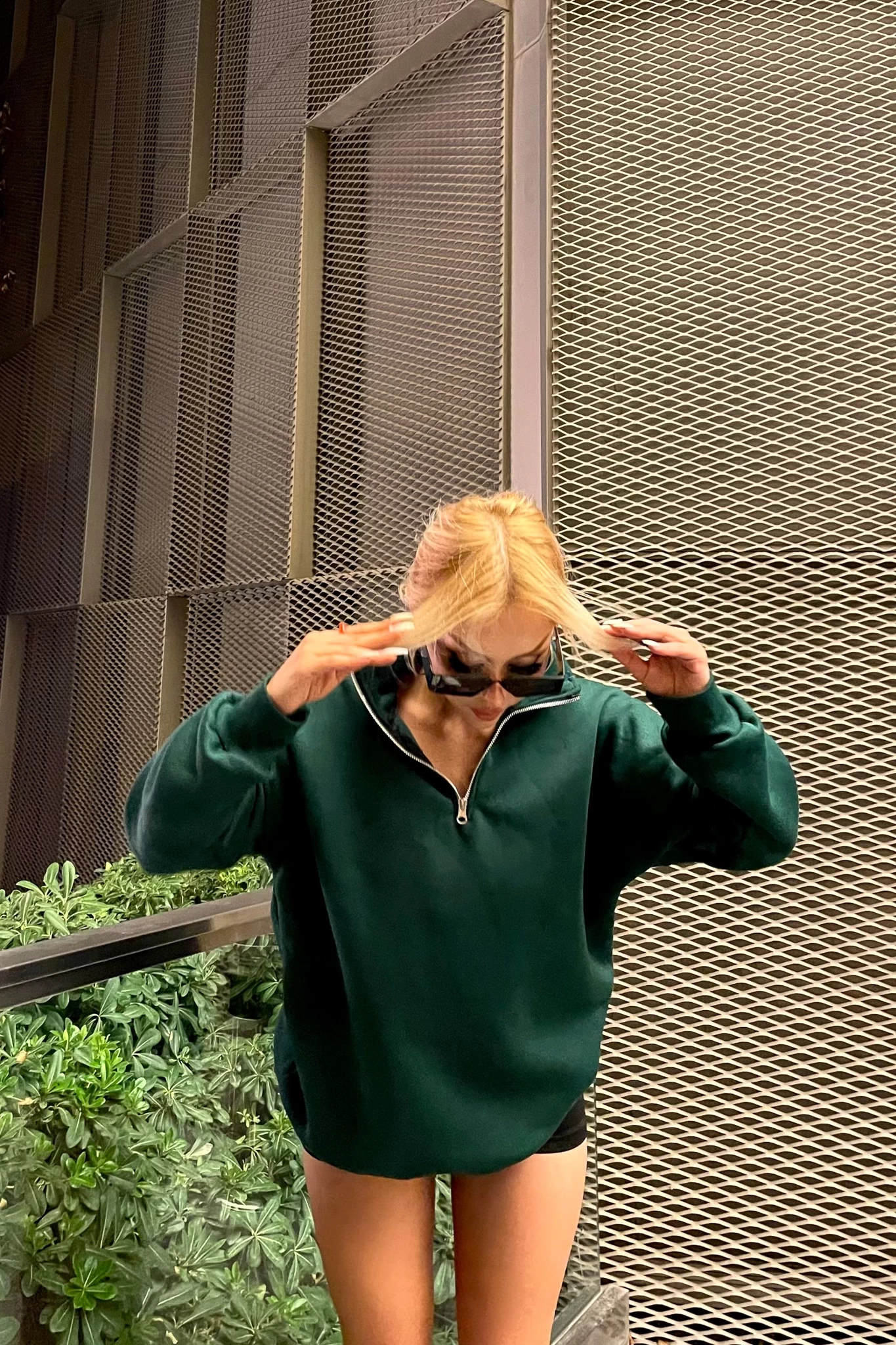 Yarım Fermuar Dik Yaka Basic Unisex Sweatshirt Yeşil