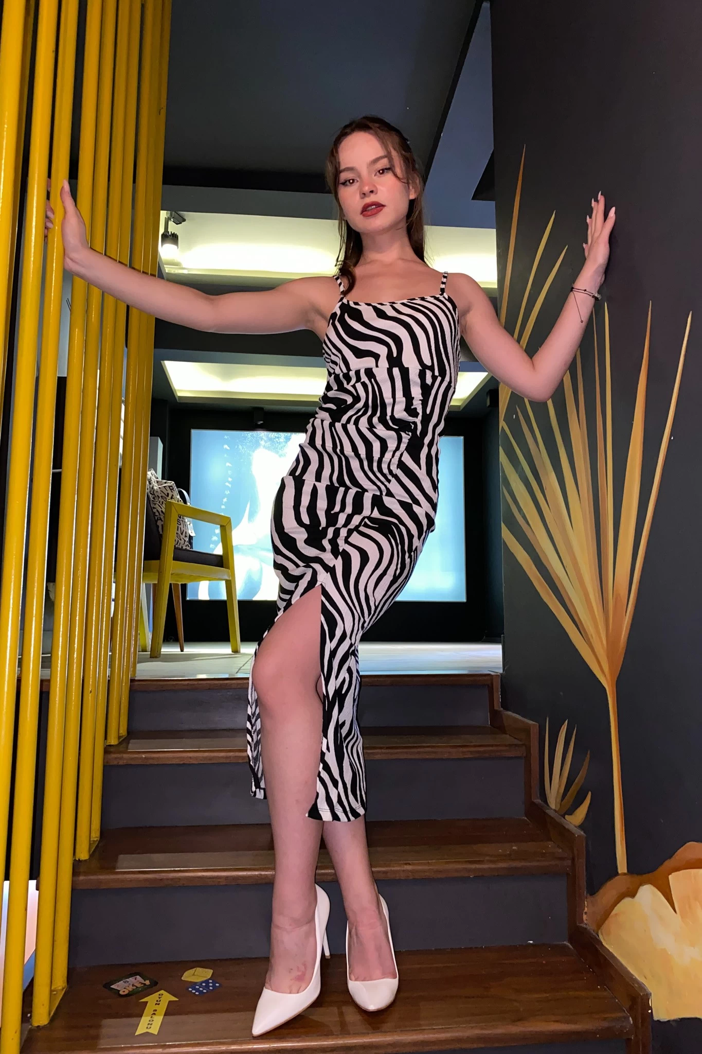 Zebra Desenli Askılı Bürümcek Elbise Siyah