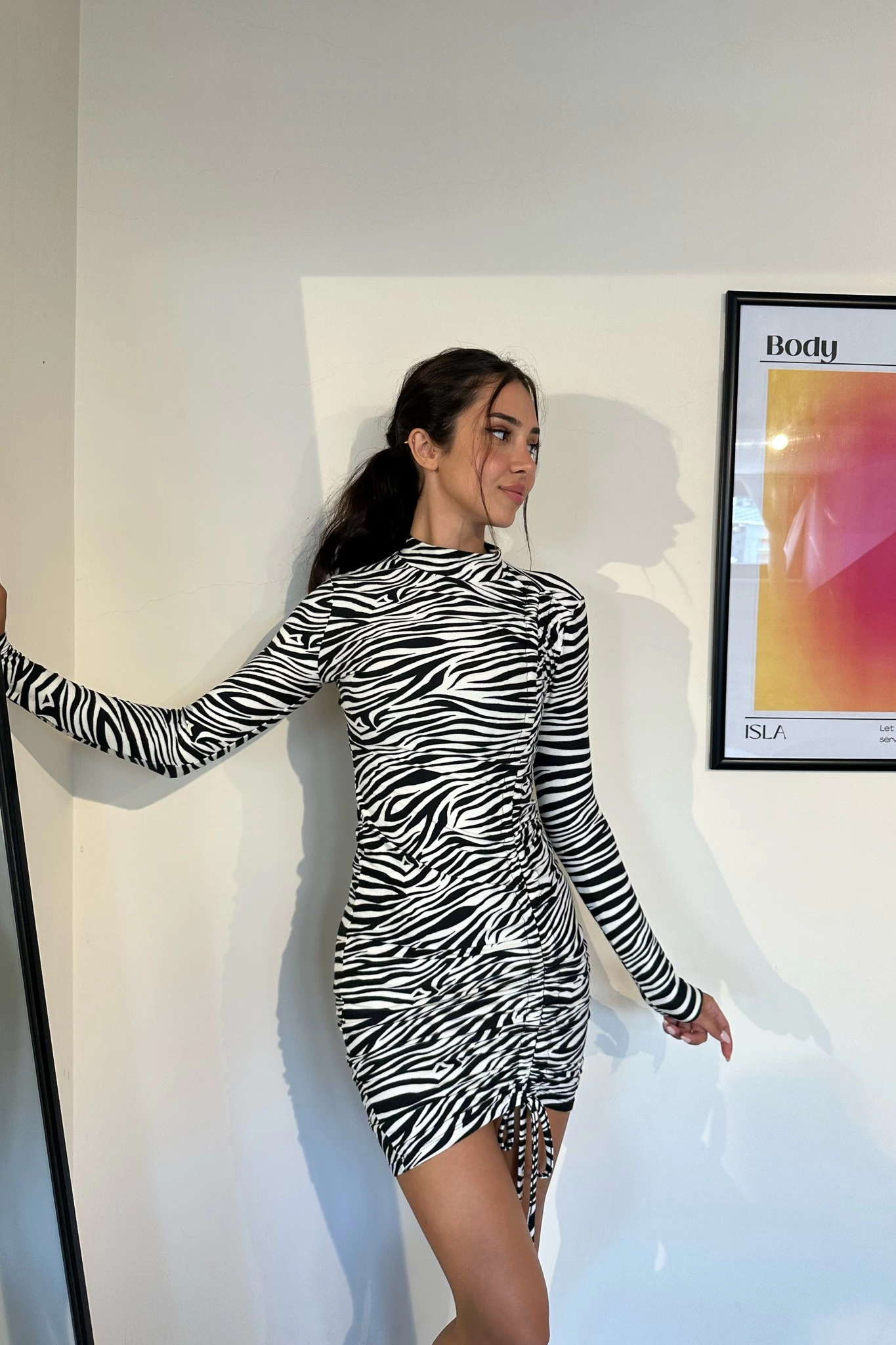 Zebra Desenli Büzgülü Kadife Elbise Siyah