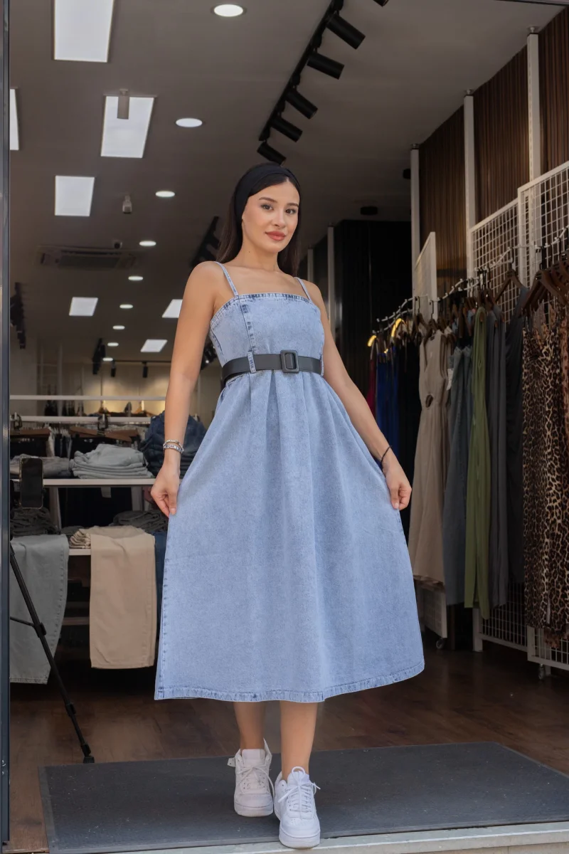 Askılı Kemerli Denim Elbise - Açık Mavi