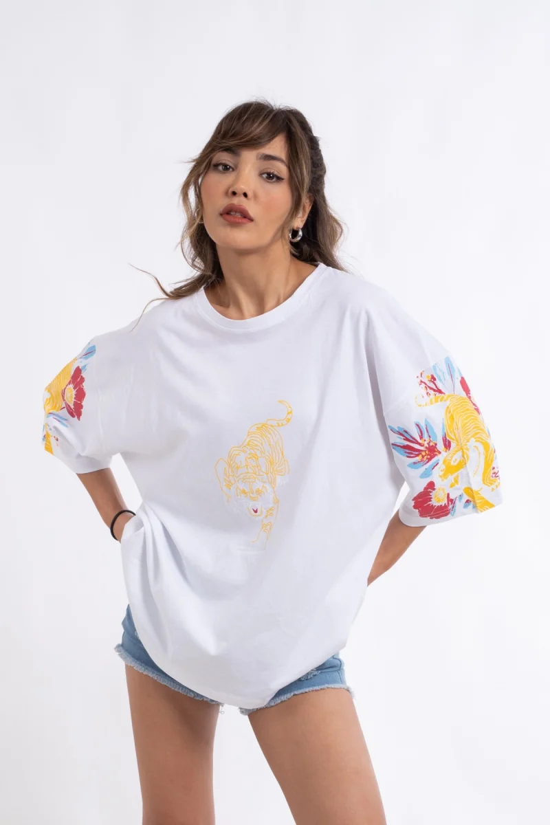 Beyaz Kaplan Baskı Unisex Tshirt