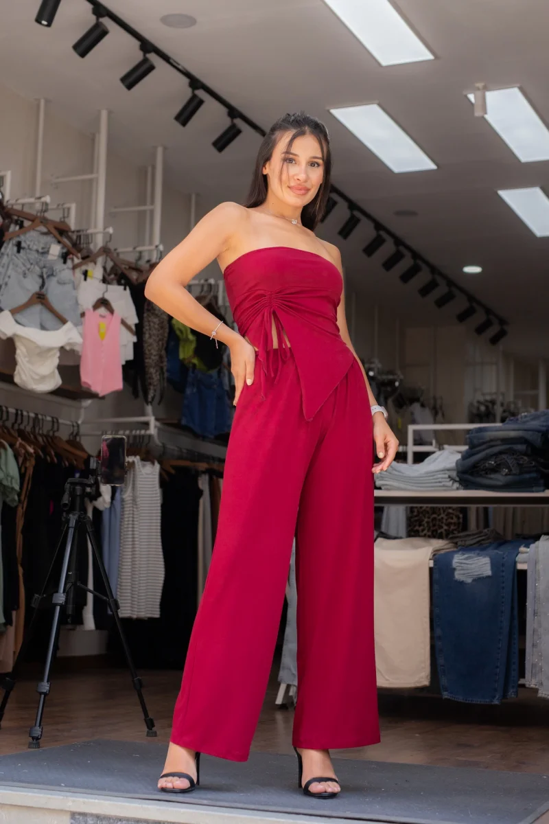 Büzgülü Bluz Pantolon Takım - Bordo