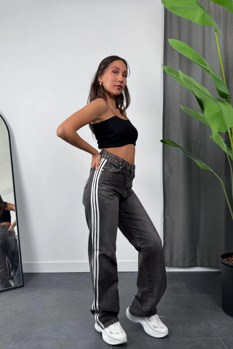 Çizgili Wide Leg Jean - Füme