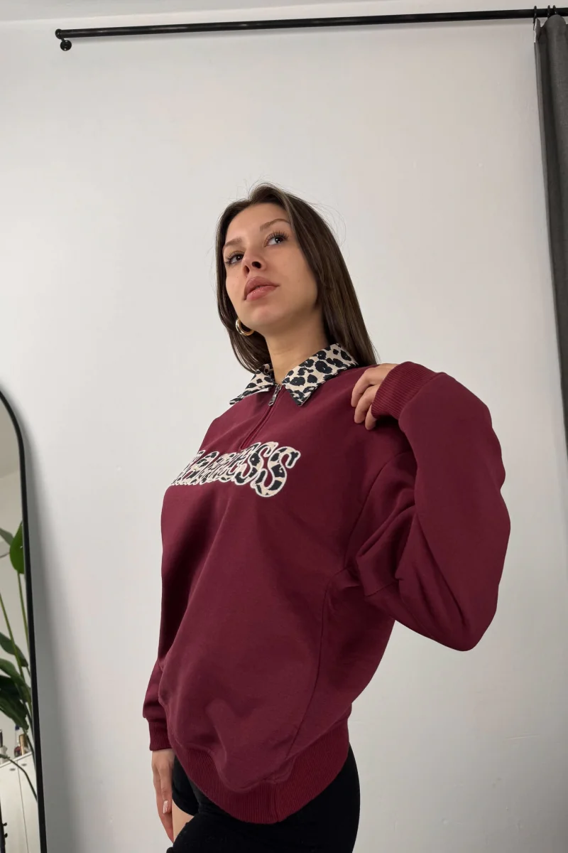 Fearless Leopar Desen Polo Yaka Sweatshirt - Bordo