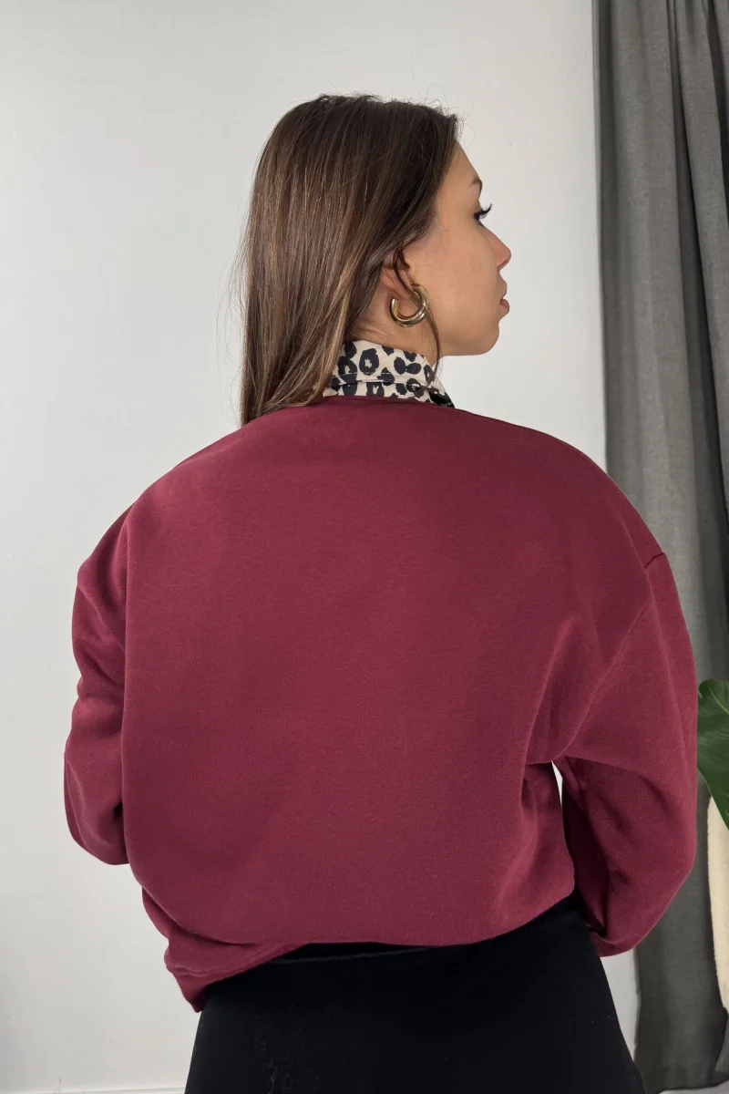 Fearless Leopar Desen Polo Yaka Sweatshirt - Bordo