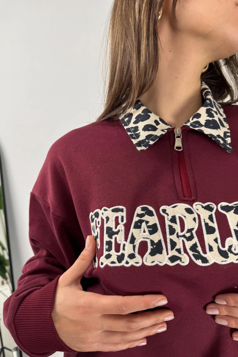Fearless Leopar Desen Polo Yaka Sweatshirt - Bordo