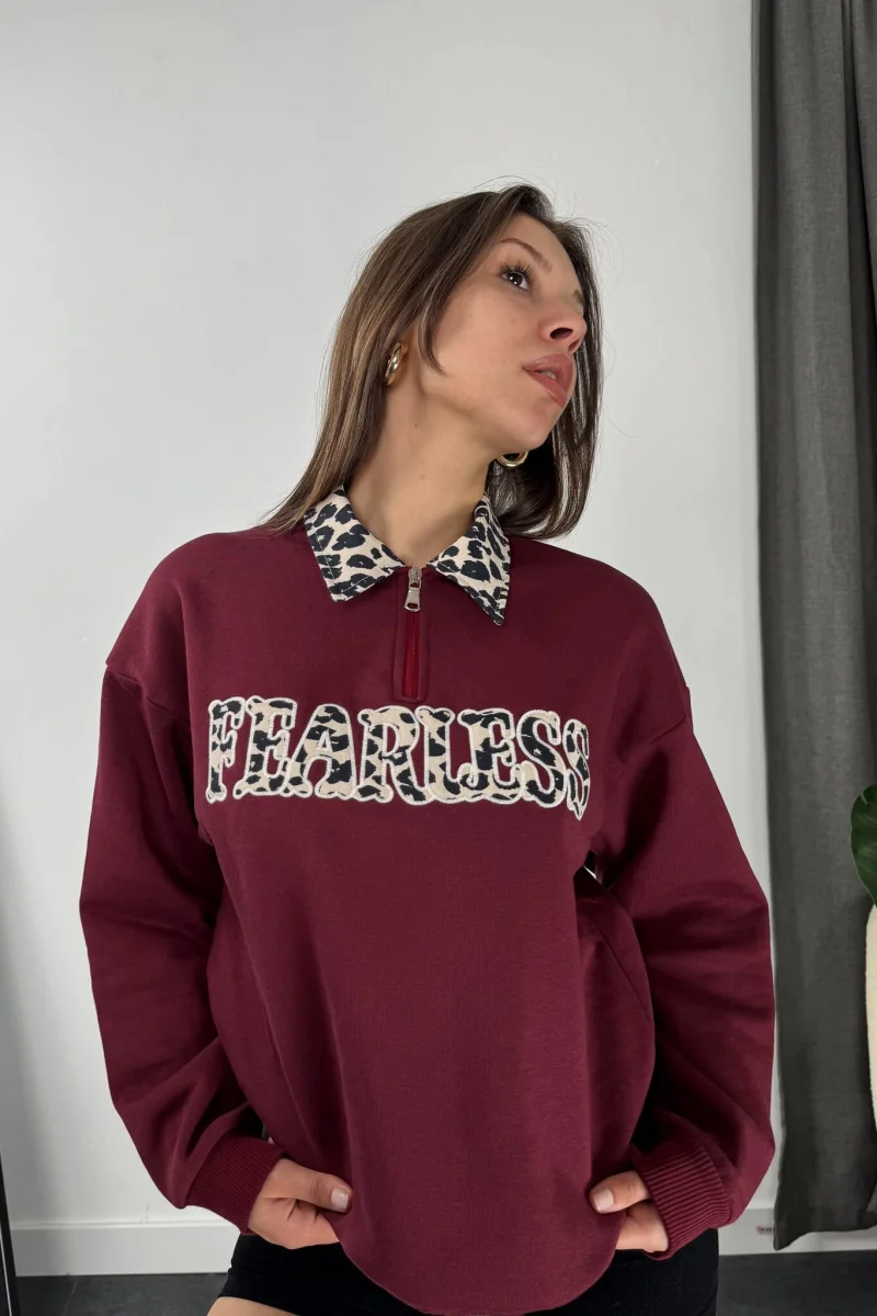 Fearless Leopar Desen Polo Yaka Sweatshirt - Bordo