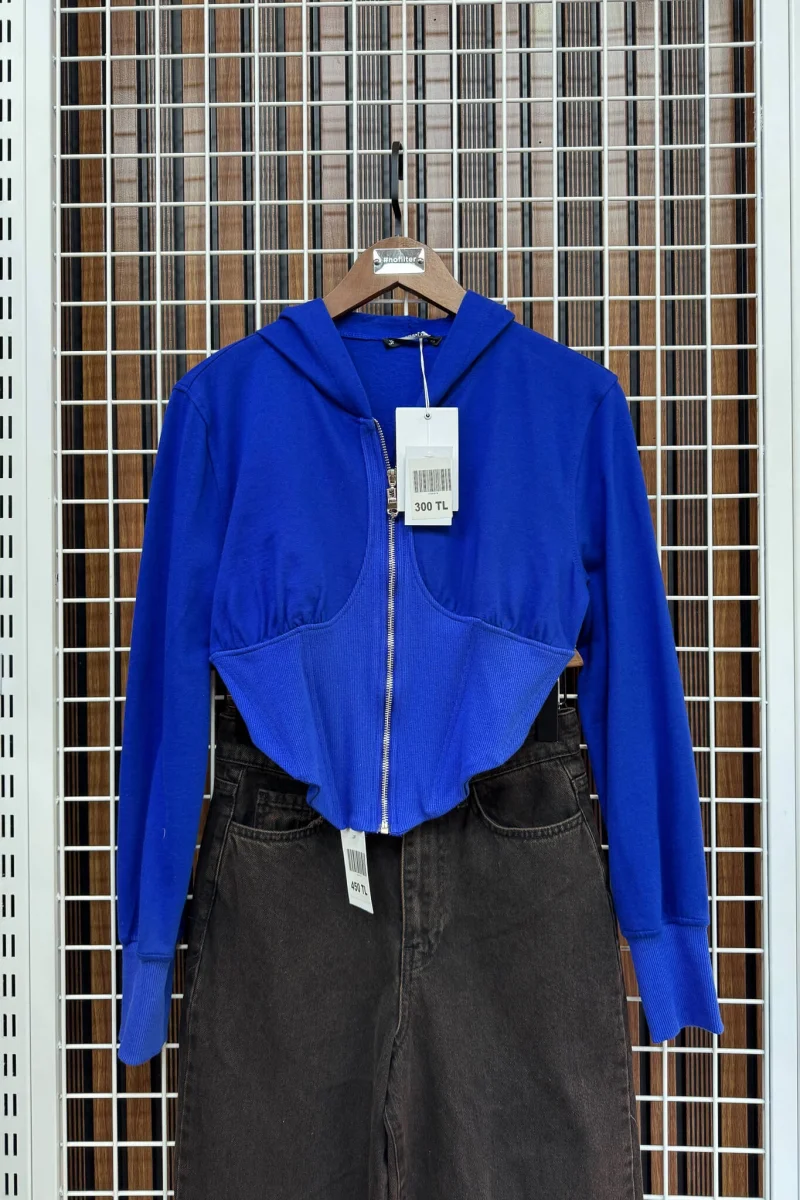 Korse Detay Fermuarlı Sweatshirt - Mavi