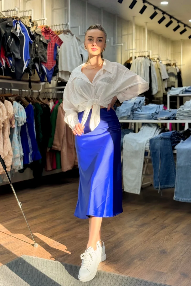 Saten Midi Etek - Mavi