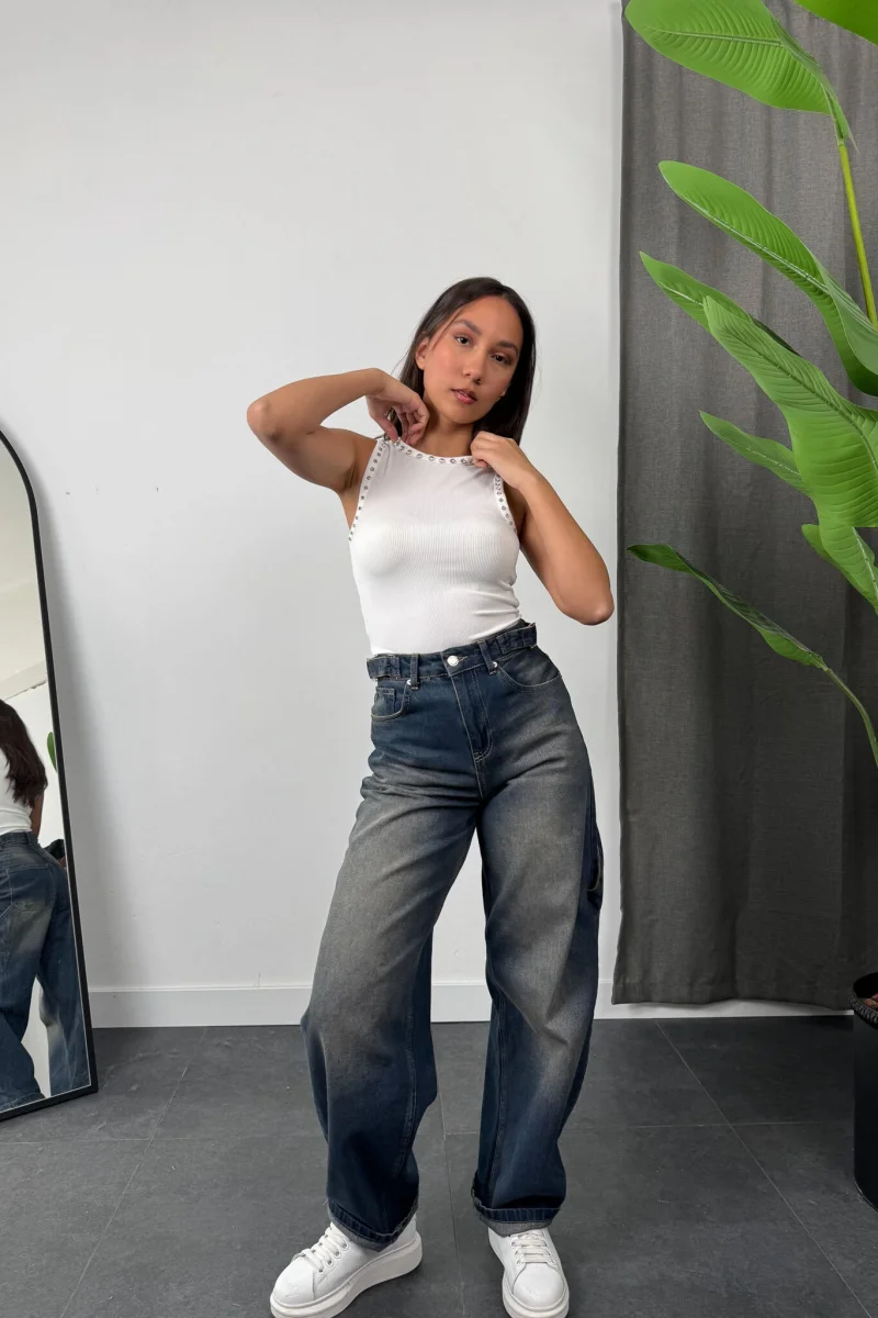 Taş Detay Crop - Beyaz