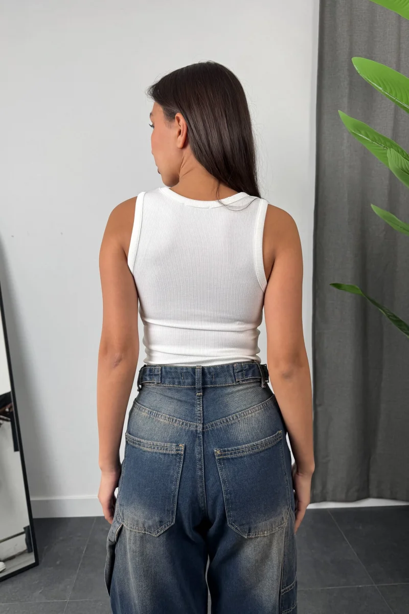 Taş Detay Crop - Beyaz